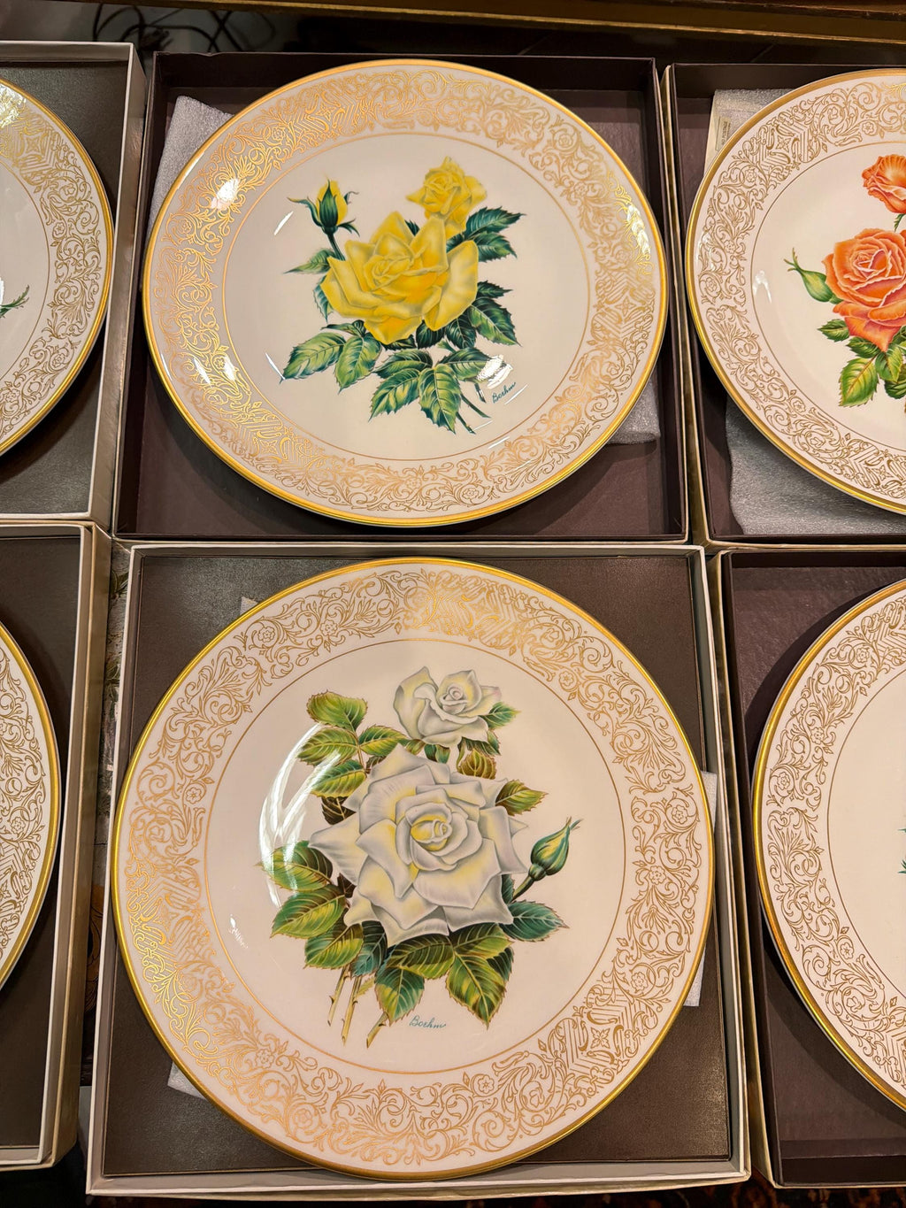 Boehm Rose Plate Collection Set: 6 Bone China Collector Plates, Gold Rim Floral Wall Decor