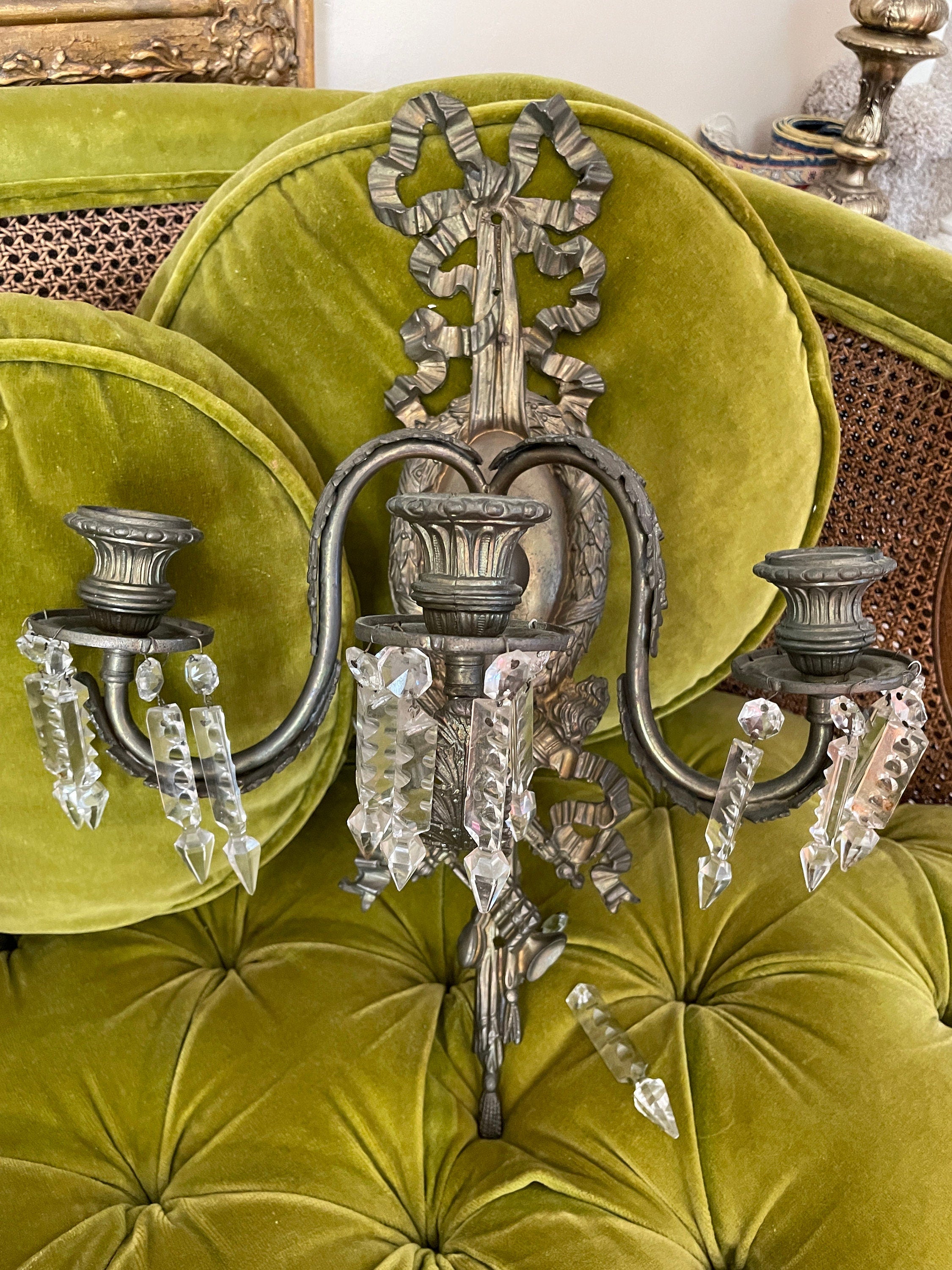 Pair of Antique 19th Century French Bronze Cut Crystal Prism 3 Arm Candlestick Wall Sconces Candelabra
