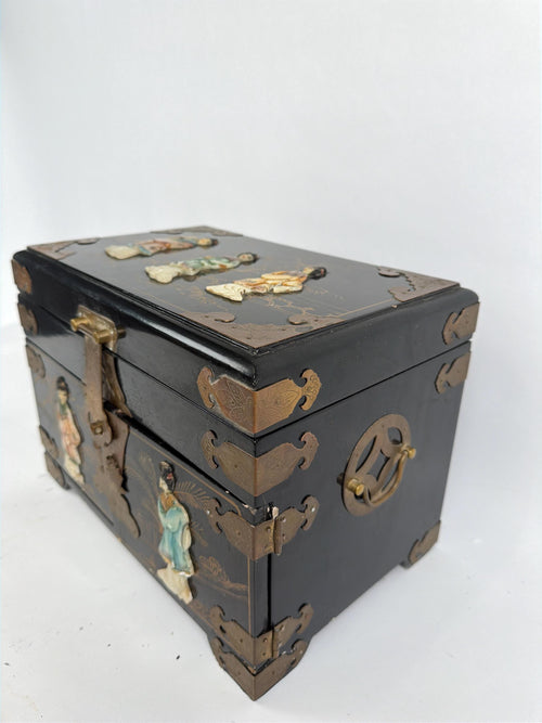 Antique Chinese Black Lacquer Jewelry Chest, Hand-Painted Figures, Engraved Brass Hardware, c.1900