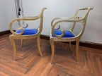 Pair Hollywood Regency Gilt Armchairs, Blue Velvet Seats, Neoclassical Scroll Accent Seating