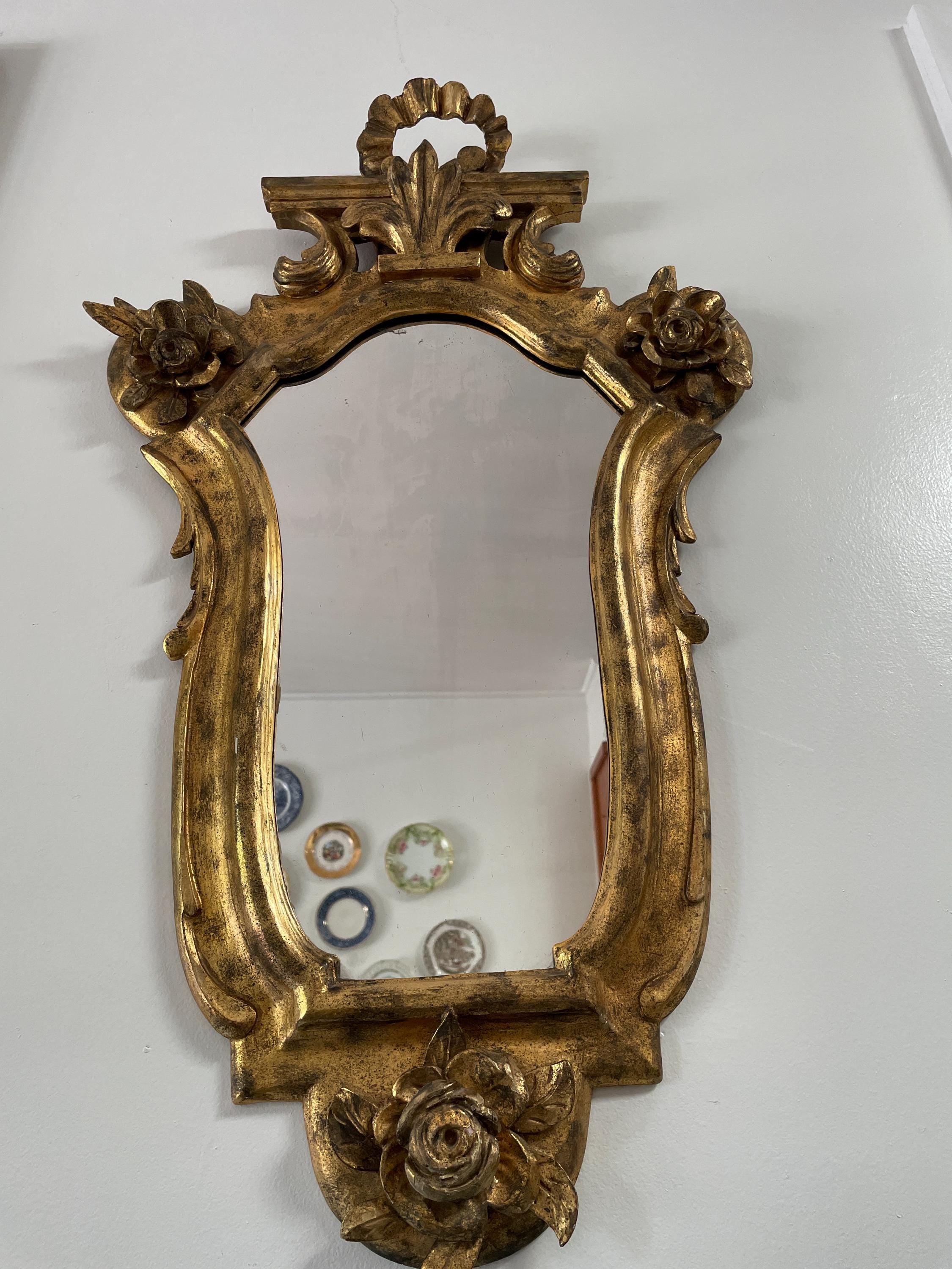 Antique Italian Giltwood Wall Mirror Floral Carved Ribbon Crest Oval Mirror Rococo Style Elegant Accent Vintage Gold Leaf Hanging Mirror