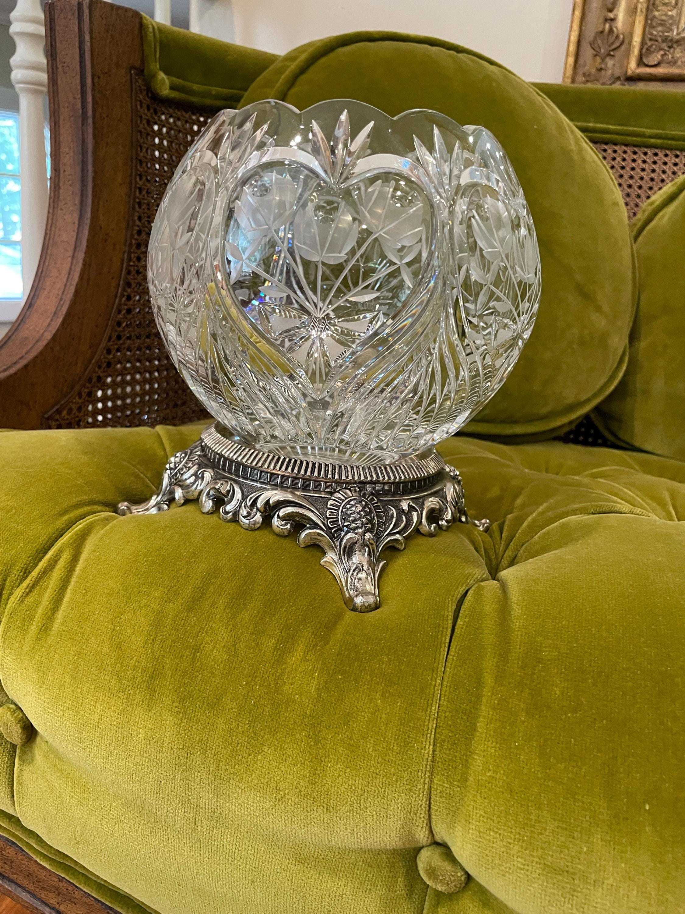 Cut Crystal Bowl Ornate Footed Metal Base Vintage Decorative Centerpiece Elegant Clear Glass Display Collectible Home Decor Statement Piece