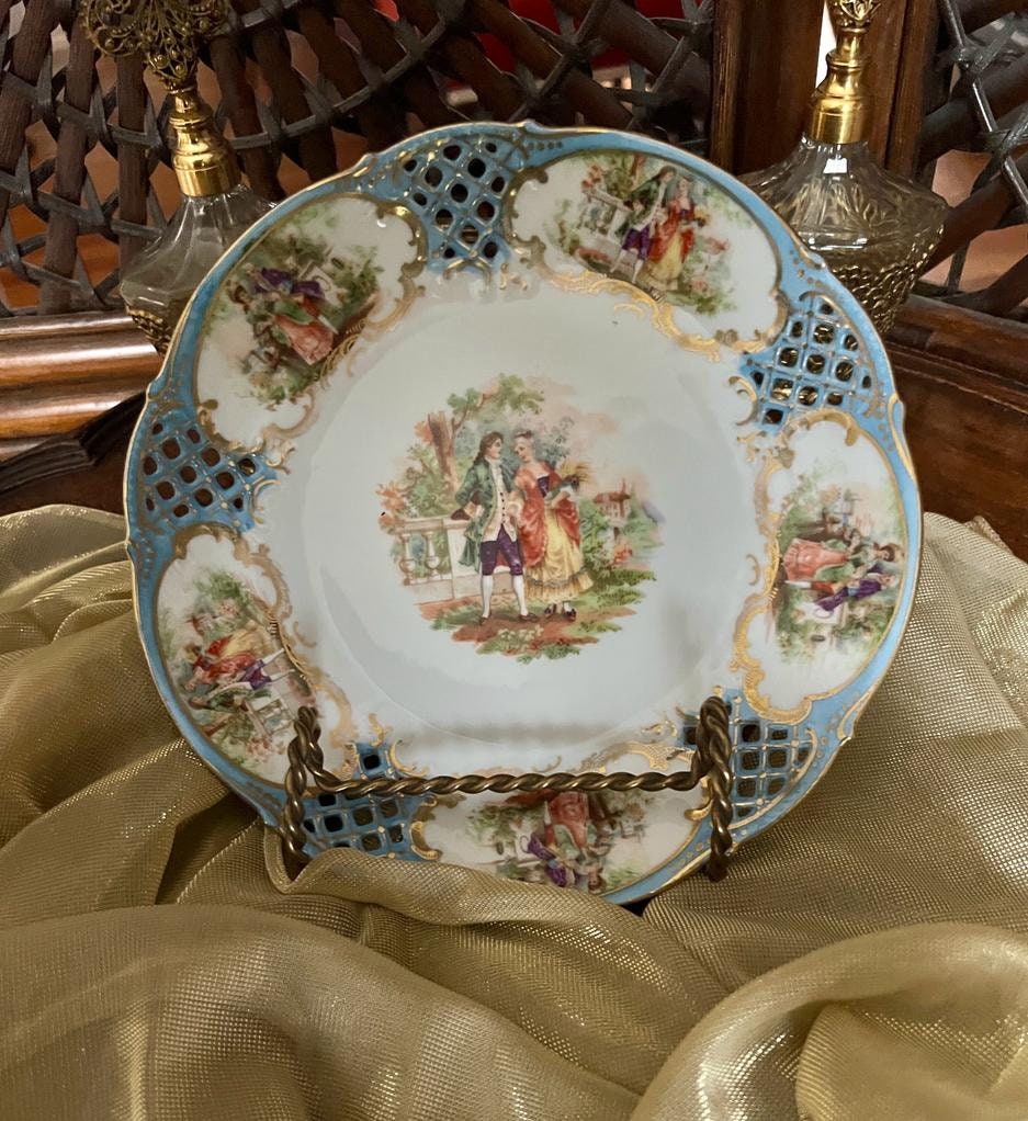 Schumann Arzberg Germany Decorative Plate Rococo Style Blue Reticulated Porcelain Courting Scene Gilded Wall Display Collectible Art