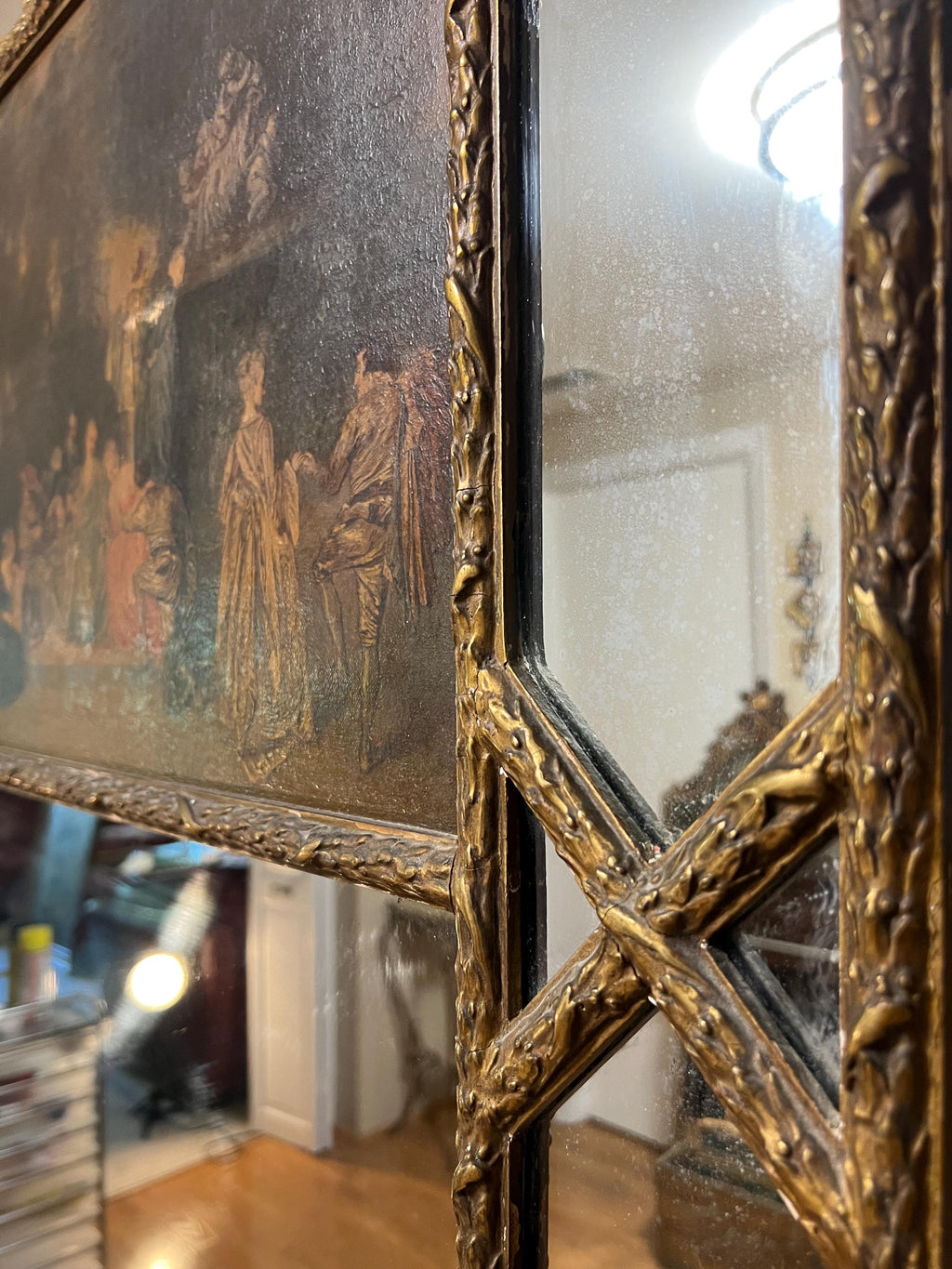 Antique  French Trumeau Gold Wood with Oil  Painting Tall Mirror 1900s