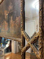 Antique  French Trumeau Gold Wood with Oil  Painting Tall Mirror 1900s