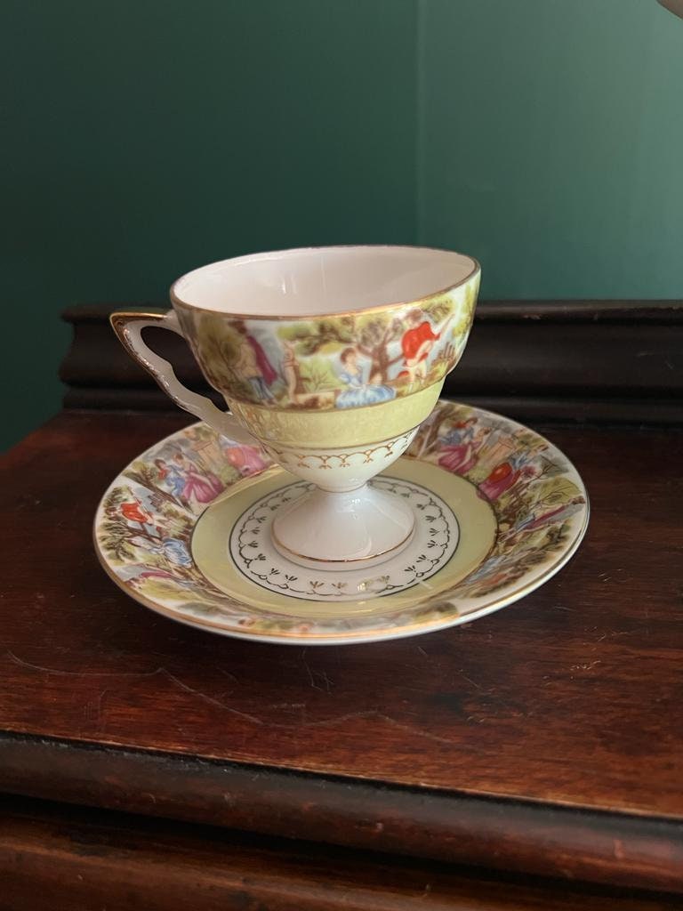 Vintage Set of 4 Fragonard Design Gold Gilded Porcelain Cake Stand  Cups Saucers  & Candy Dish