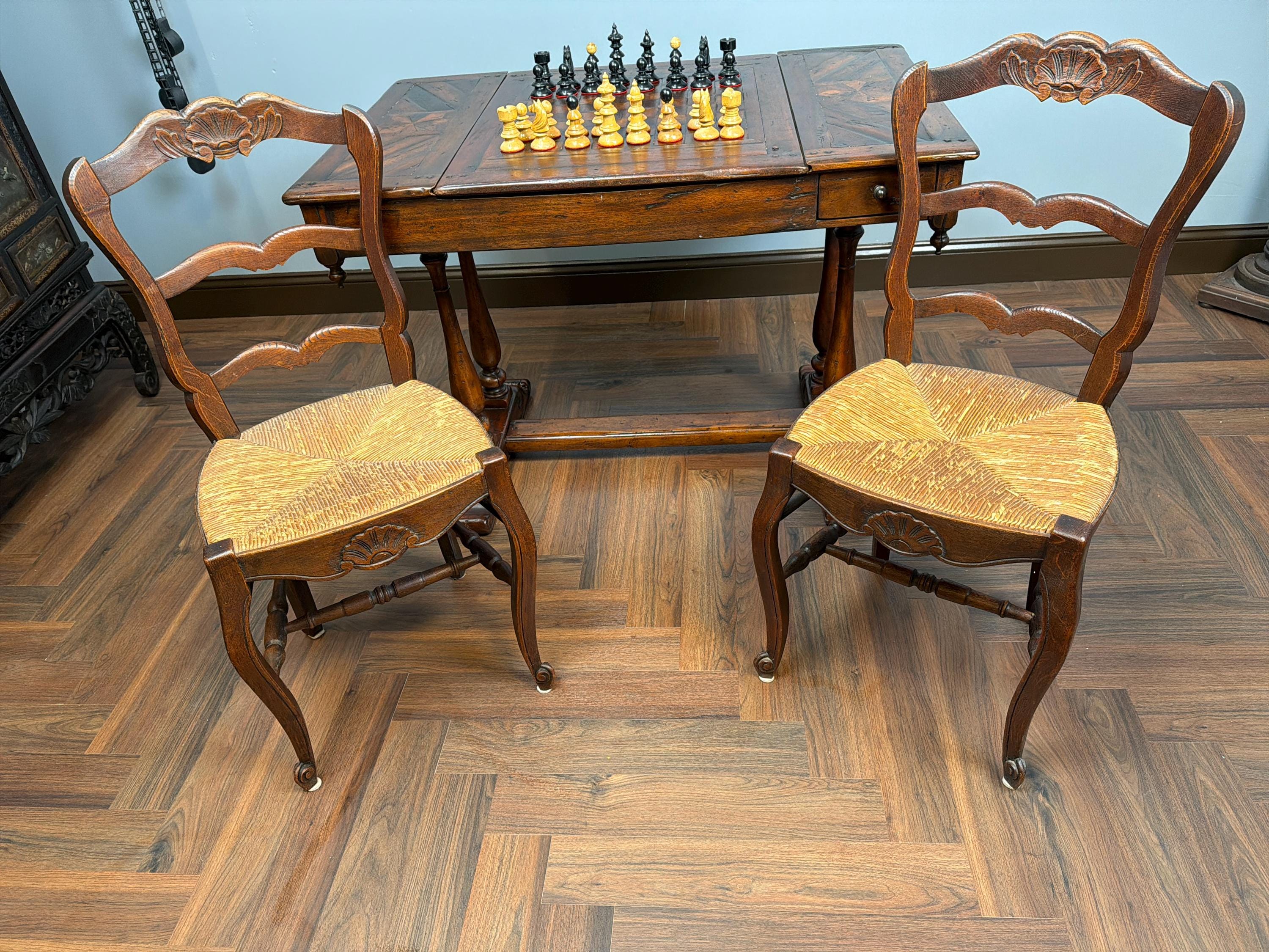 Antique Handcarved Walnut Chess Table, Backgammon Game by Theodore Alexander