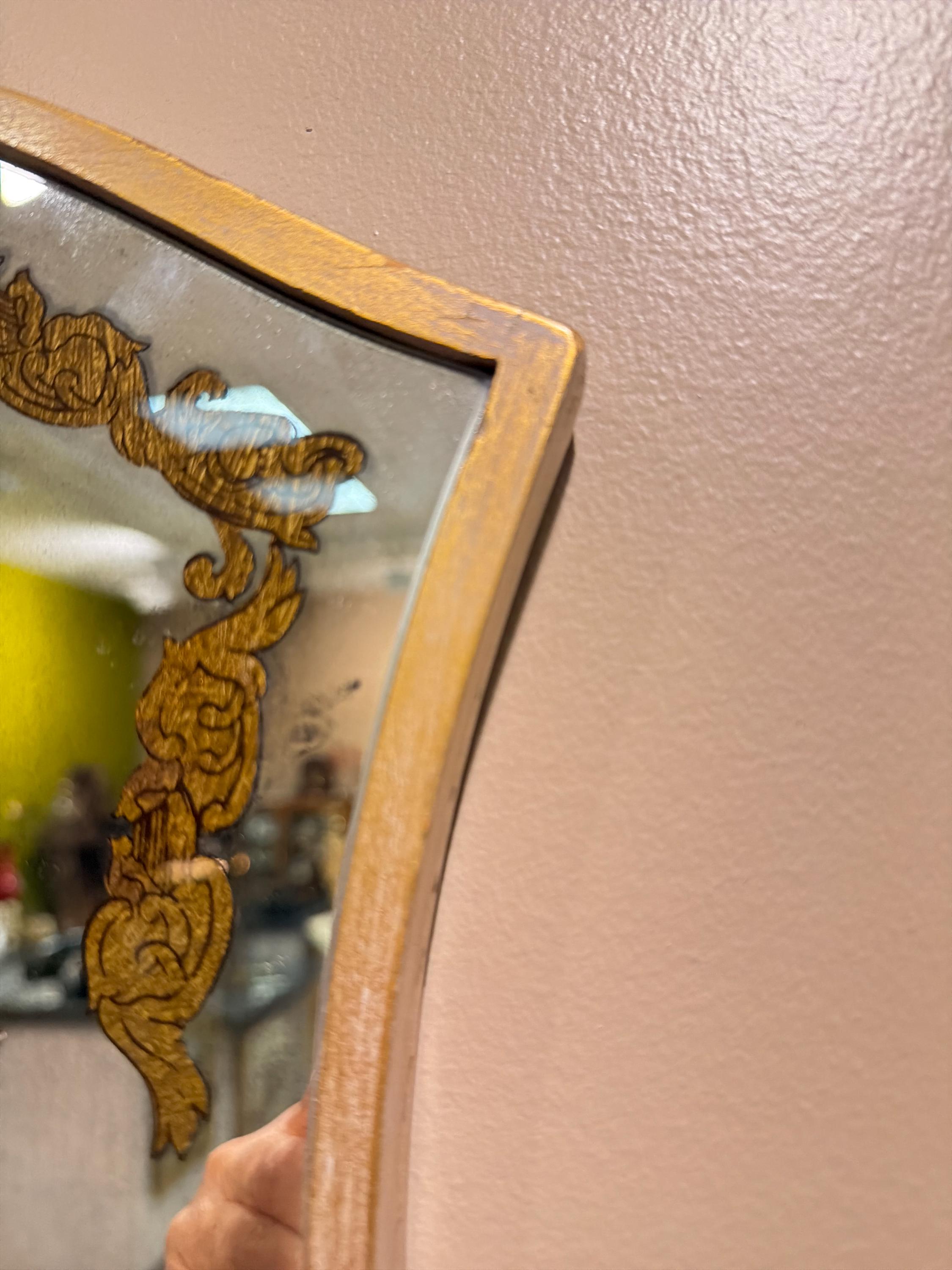 Vintage Italian Hand Painted Reverse Glass Wall Pockets, Gilt Trim Mirror Sconces