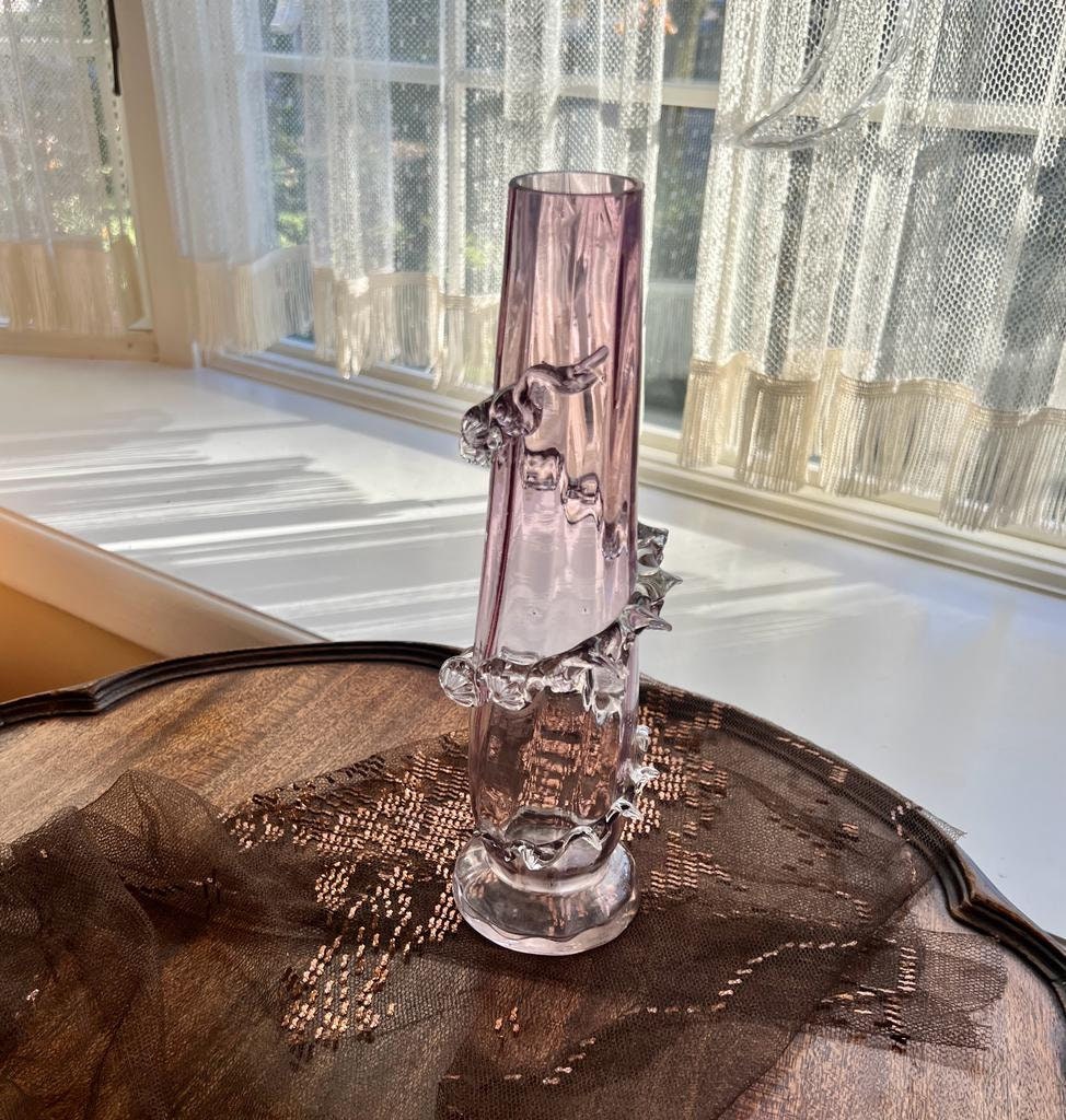 Tall Light Purple Twisted Glass Vase Unique Art Glass Centerpiece Elegant Ruffled Rim Sculptural Design Home Decor Flower Holder Collectible