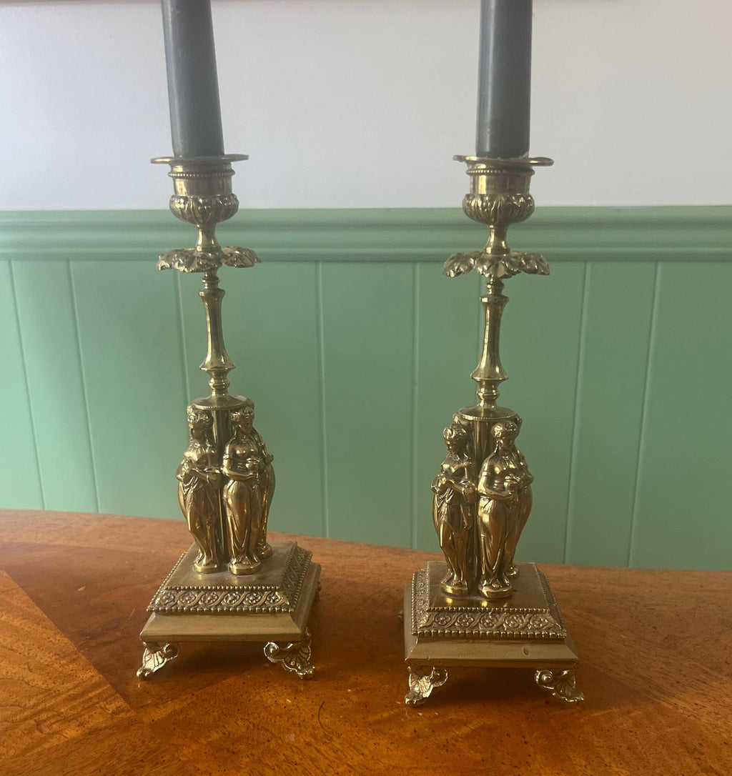 Antique Pair Candlestick Holders Elegant Figurine Design Victorian Style Decorative Accent Pieces Mantel Table Shelf Display Home Decoration