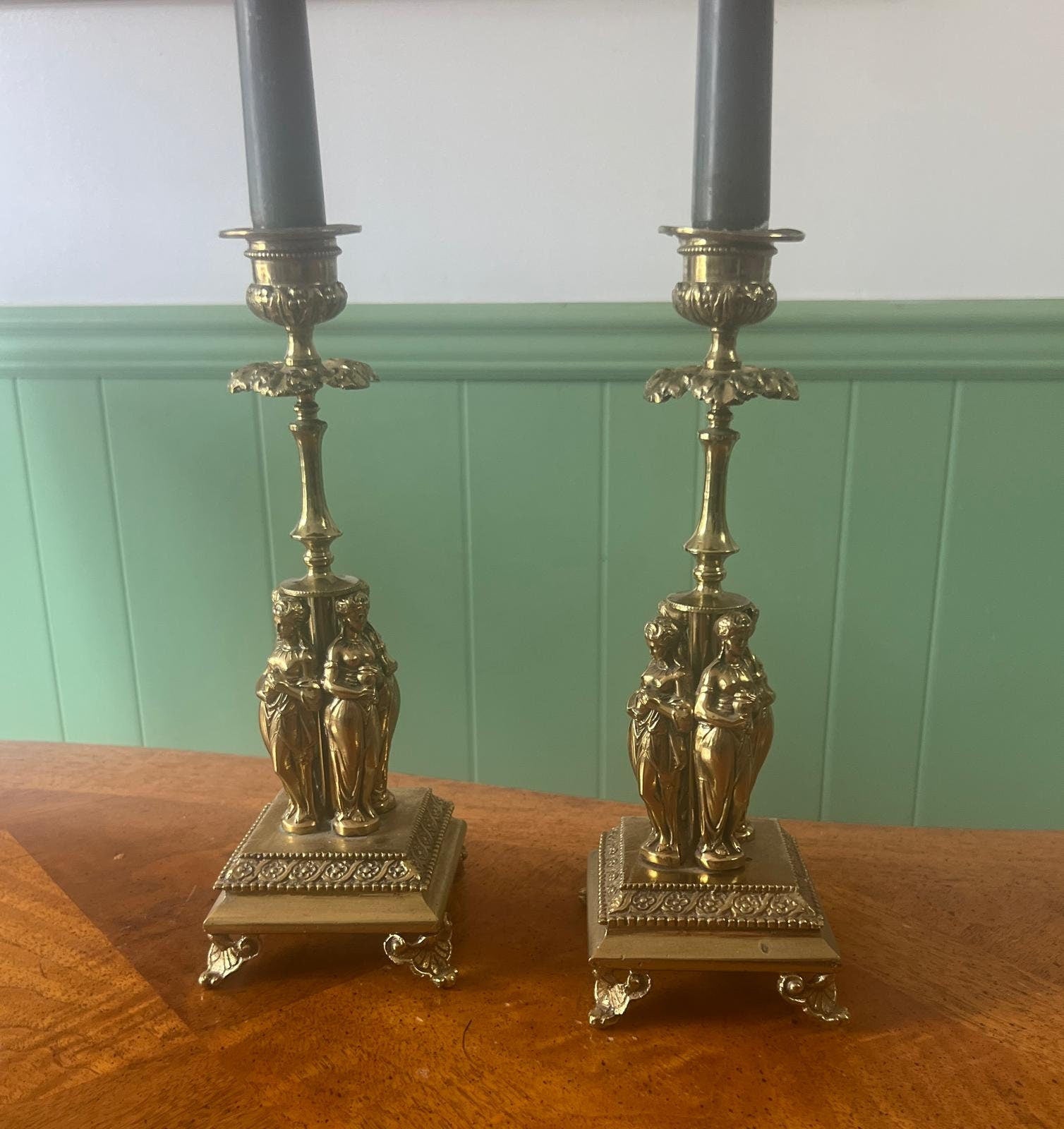 Antique Pair Candlestick Holders Elegant Figurine Design Victorian Style Decorative Accent Pieces Mantel Table Shelf Display Home Decoration