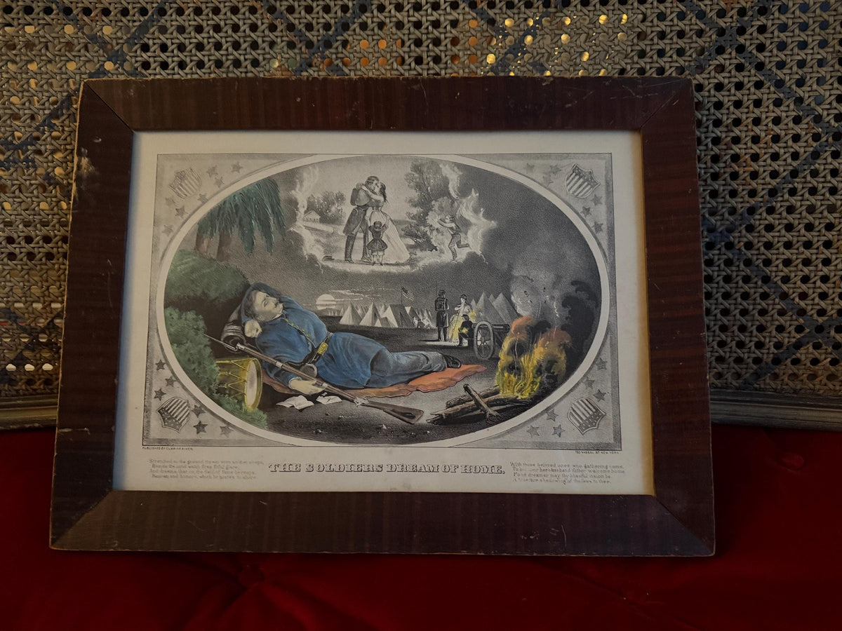 Antique Currier & Ives “The Soldier’s Dream of Home” 1860s Original Hand-Colored Lithograph Civil War Era Medium Folio, Antique Framed Print