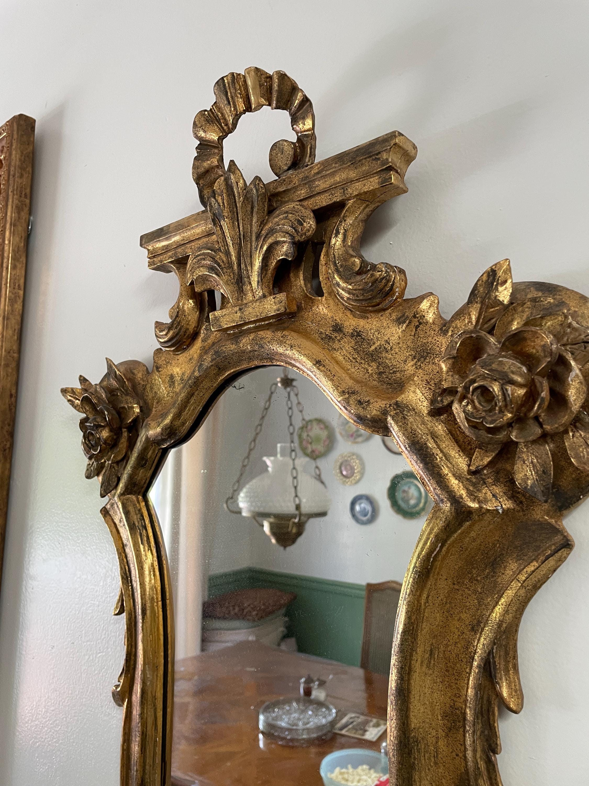 Antique Italian Giltwood Wall Mirror Floral Carved Ribbon Crest Oval Mirror Rococo Style Elegant Accent Vintage Gold Leaf Hanging Mirror