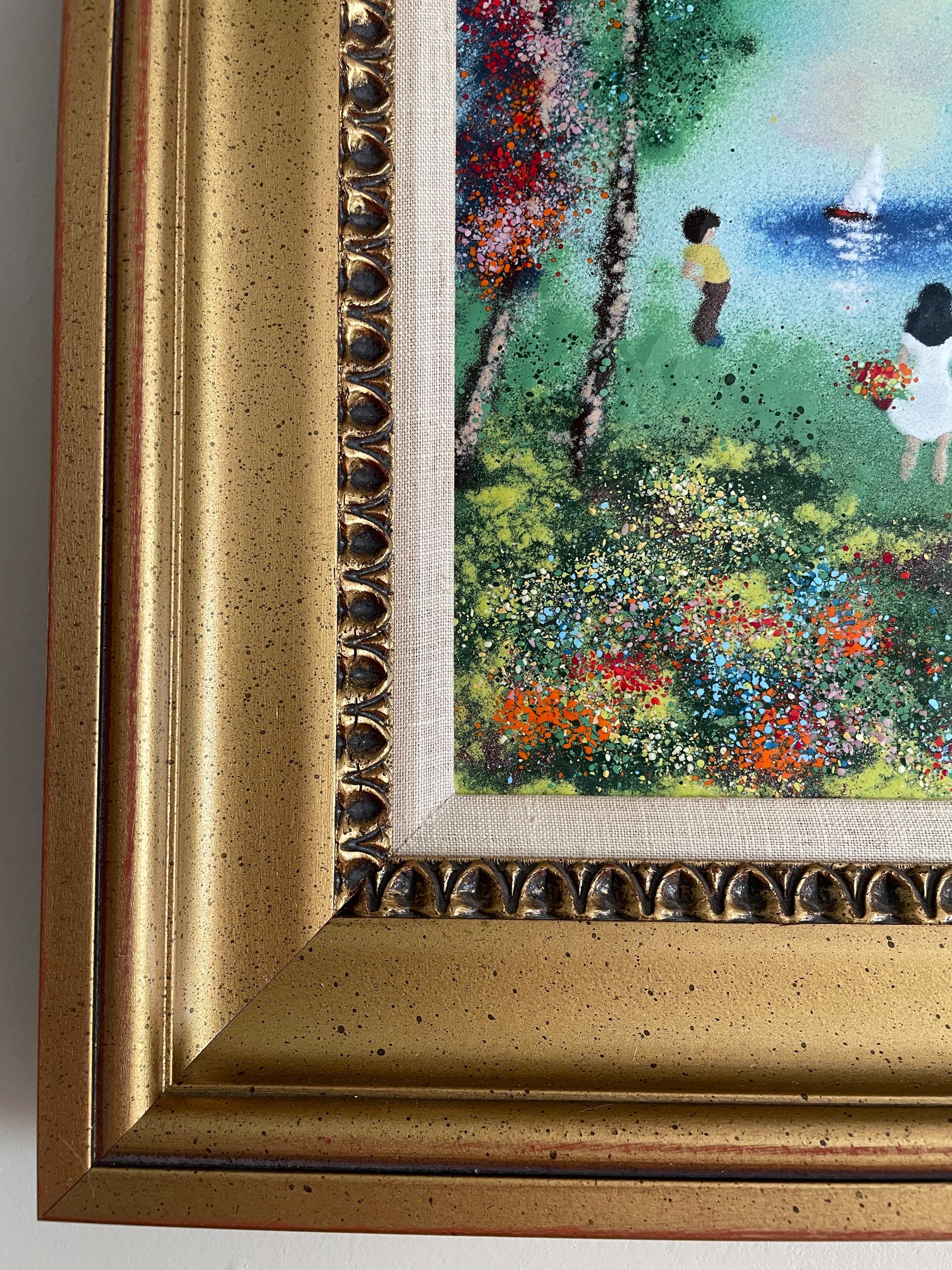 Louis Cardin Signed Original 1978 Artwork Framed Impressionist Painting Enamel Nature Scene Collectible Wall Art Certified Vintage Frame Art