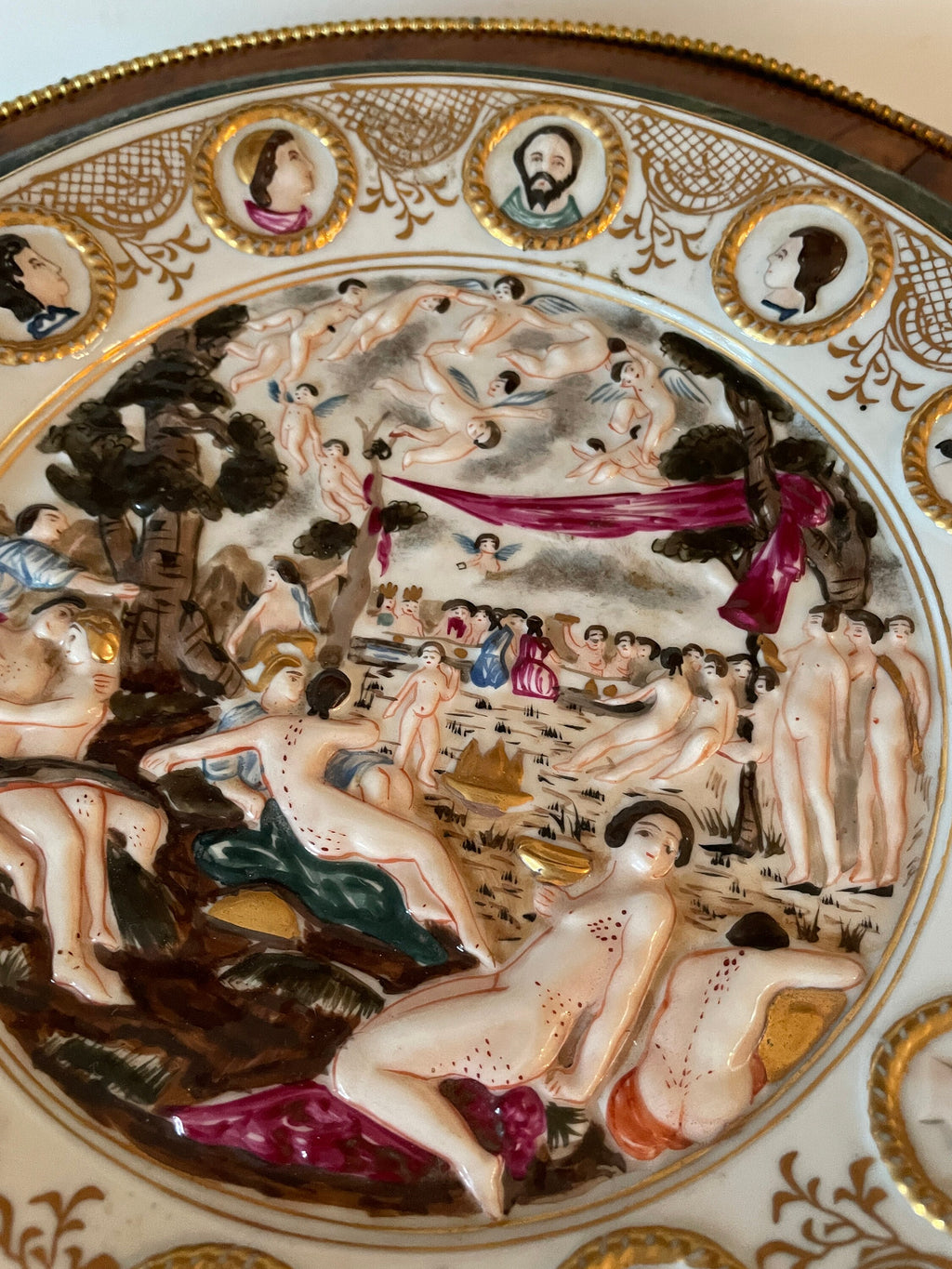Antique Nude Scene Porcelain Plate Embossed Gold Border Mythological Bacchanal Style Collectible Display Hand Painted Rococo Decoration