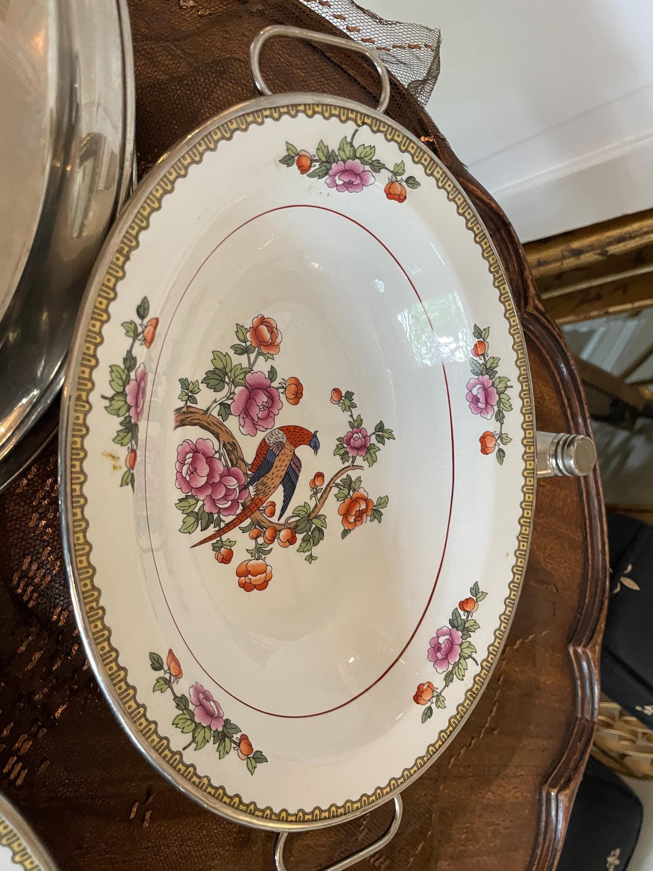 Antique Floral Porcelain Bowl Pair Peacock Motif Hot Serving Dishes Asian Style Insulated Metal Base Colorful Detailed Vintage Kitchen Decor