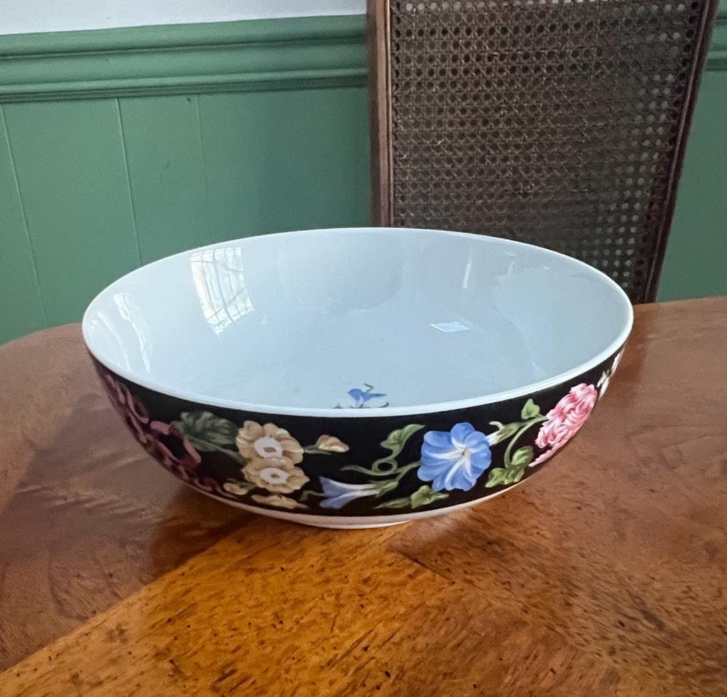 Vintage Floral Porcelain Bowl Black Background Pink Roses Blue Flowers Gold Accents Hand Painted Decorative Centerpiece Dish Collectible