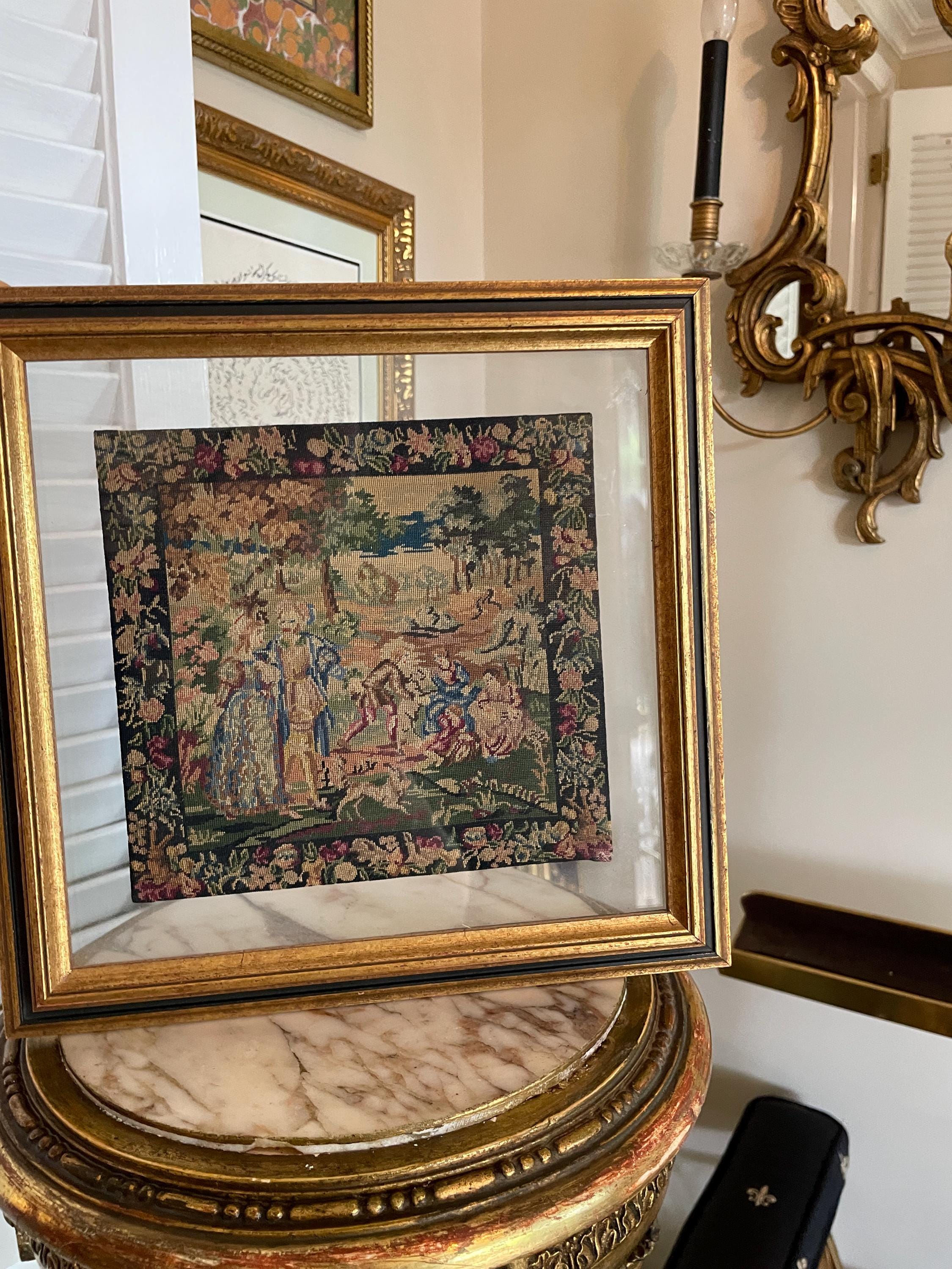 Vintage Handcrafted Needlepoint Tapestry Art Gold Frame Romantic Pastoral Scene European Wall Decoration Antique Style Embroidery Picture