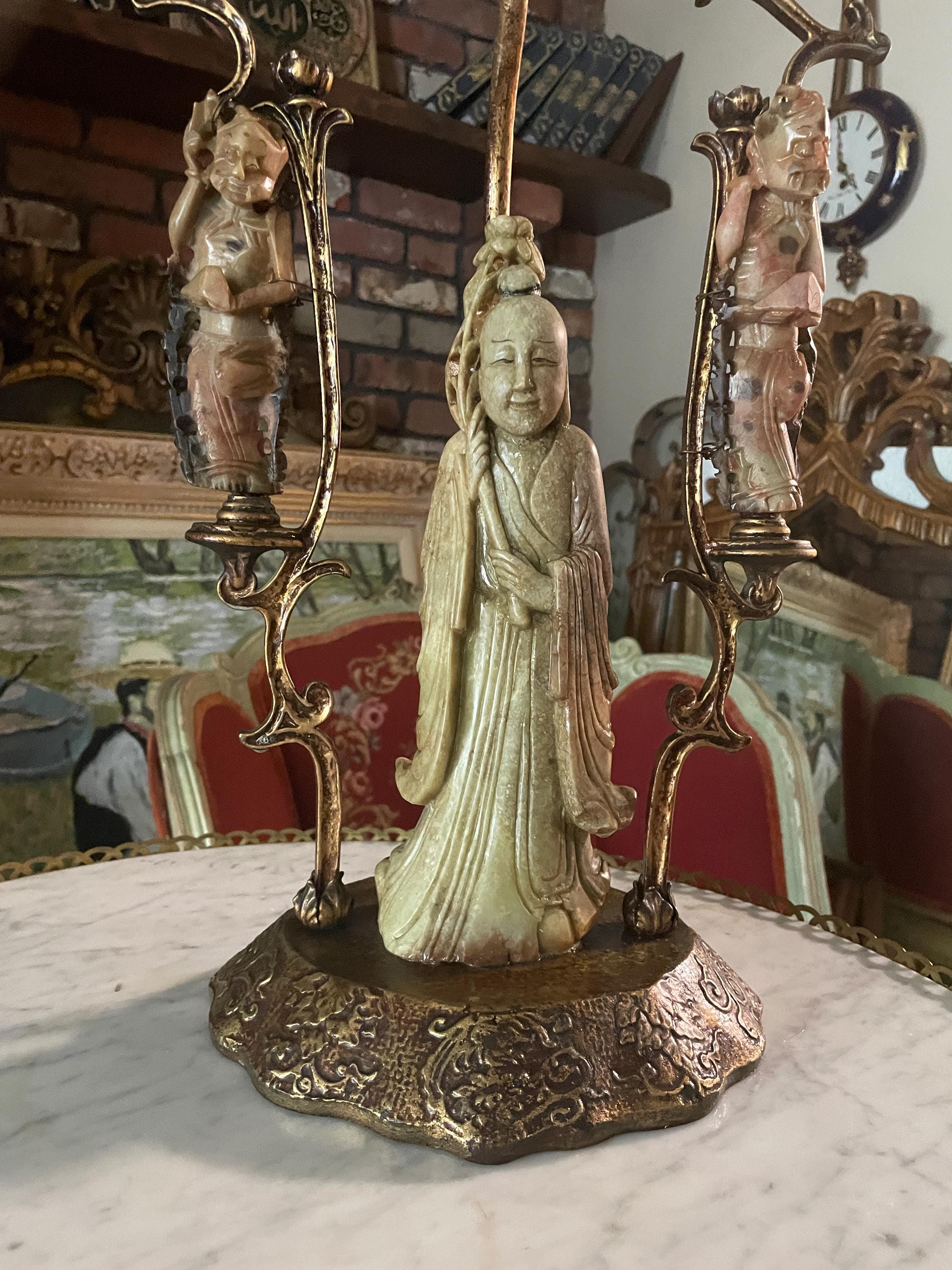 Vintage Asian Incense Burner Carved Soapstone Figures Gilt Brass Stand Mythical Beast Top Ornate Detailing Unique Home Decor Statue Art