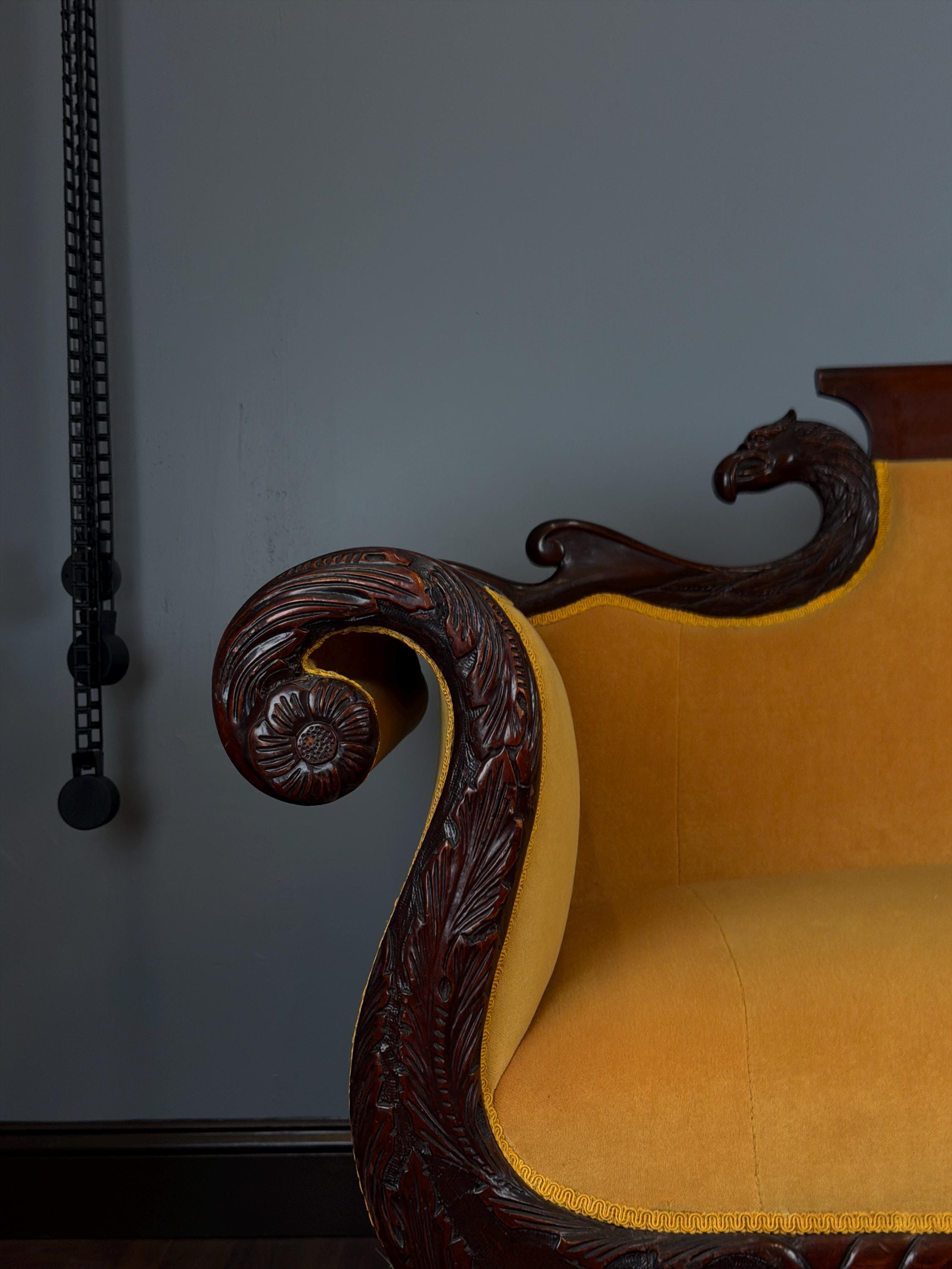 American Empire Revival Mahogany Eagle Arm Sofa – Hand Carved Statement Sofa