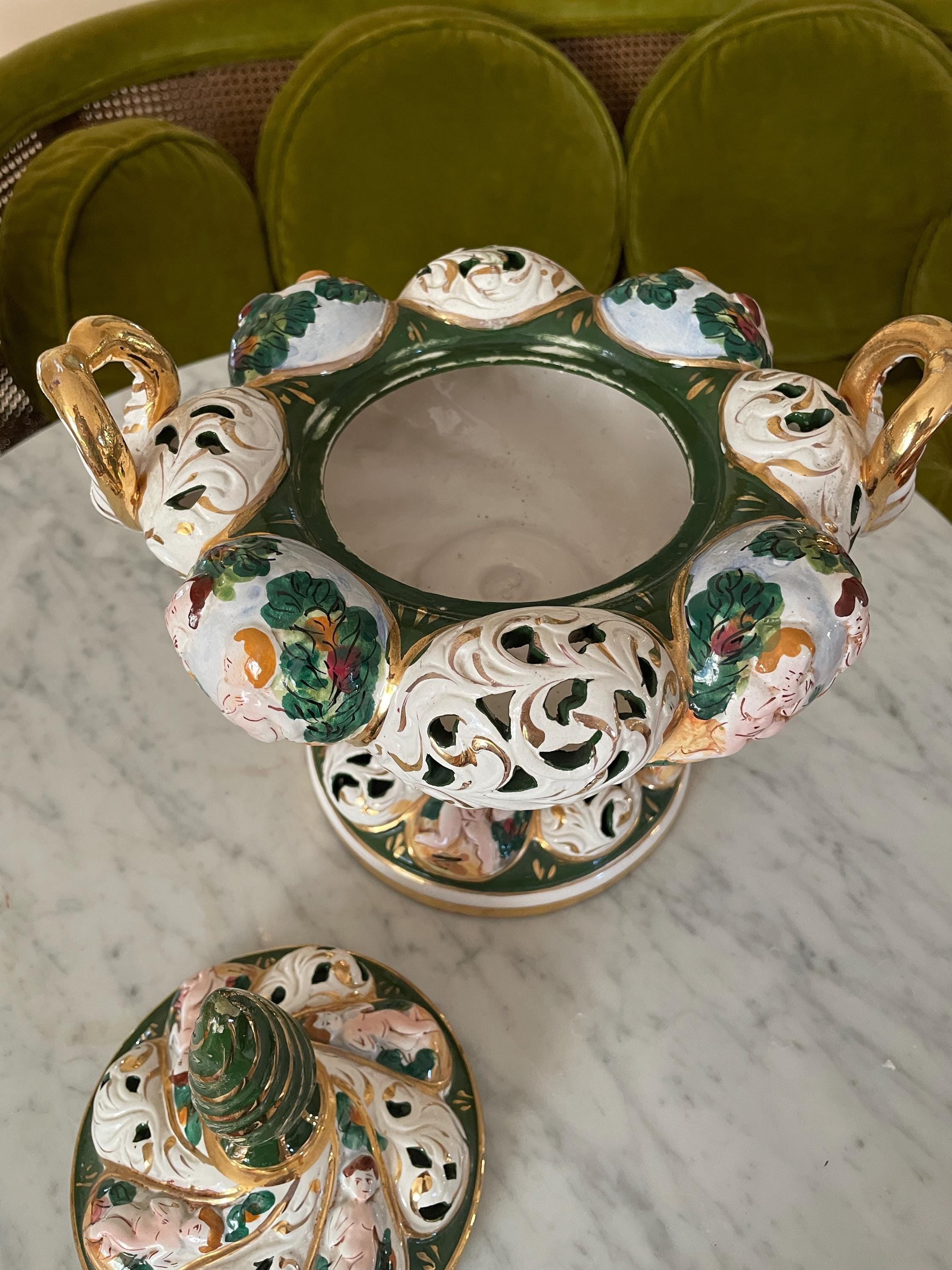 Vintage Italian Handcrafted Ceramic Sugar Bowl Ornate Baroque Design Cherub Motifs Gold Accents Floral Details Collectible Home Decor