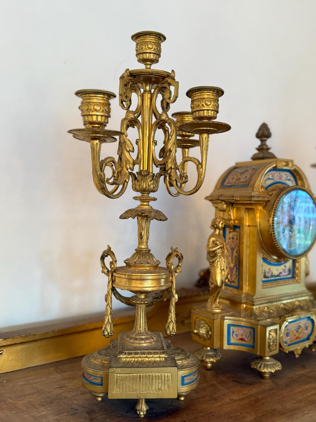 Antique French Ormolu Clock Candelabra Garniture Set Late 19th Century Cloisonné Enamel Sevres  Porcelain Clock  Set Luxurious Home Decor