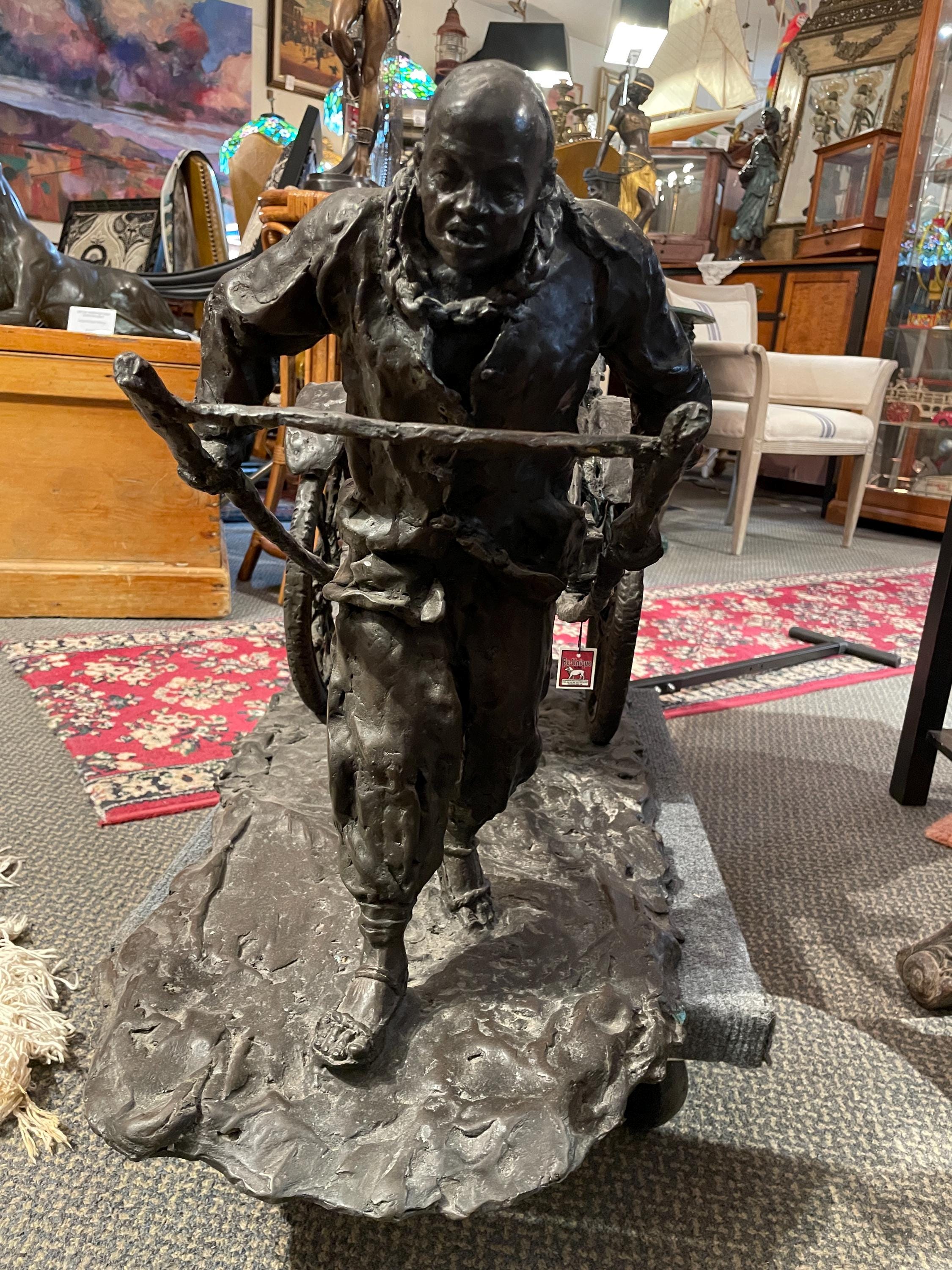 Large Bronze French Rickshaw Sculpture Antique Figurative Art Piece Decor