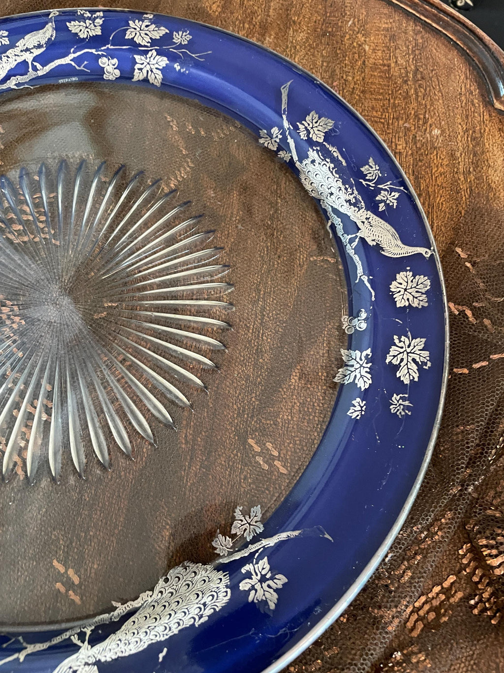 Vintage Sterling Blue Glass Plate Peacock Design Intricate Etching Detailed Glasswork Beautiful Antique Collector's Item Display Home Design