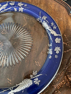 Vintage Sterling Blue Glass Plate Peacock Design Intricate Etching Detailed Glasswork Beautiful Antique Collector's Item Display Home Design