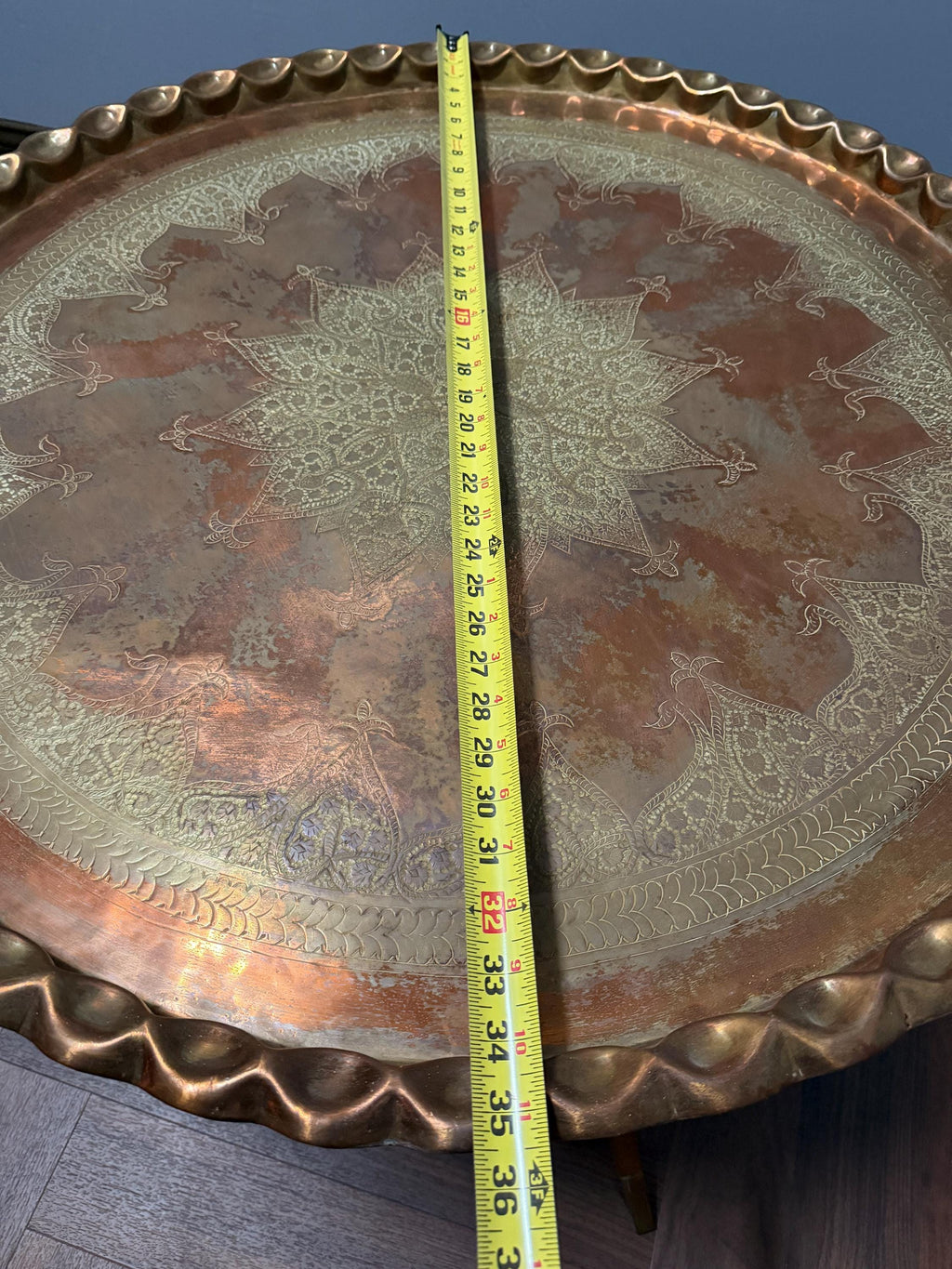 Vintage Brass Tray Table Folding Wood Base, Middle Eastern Moroccan Style Round Coffee Table