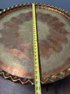 Vintage Brass Tray Table Folding Wood Base, Middle Eastern Moroccan Style Round Coffee Table