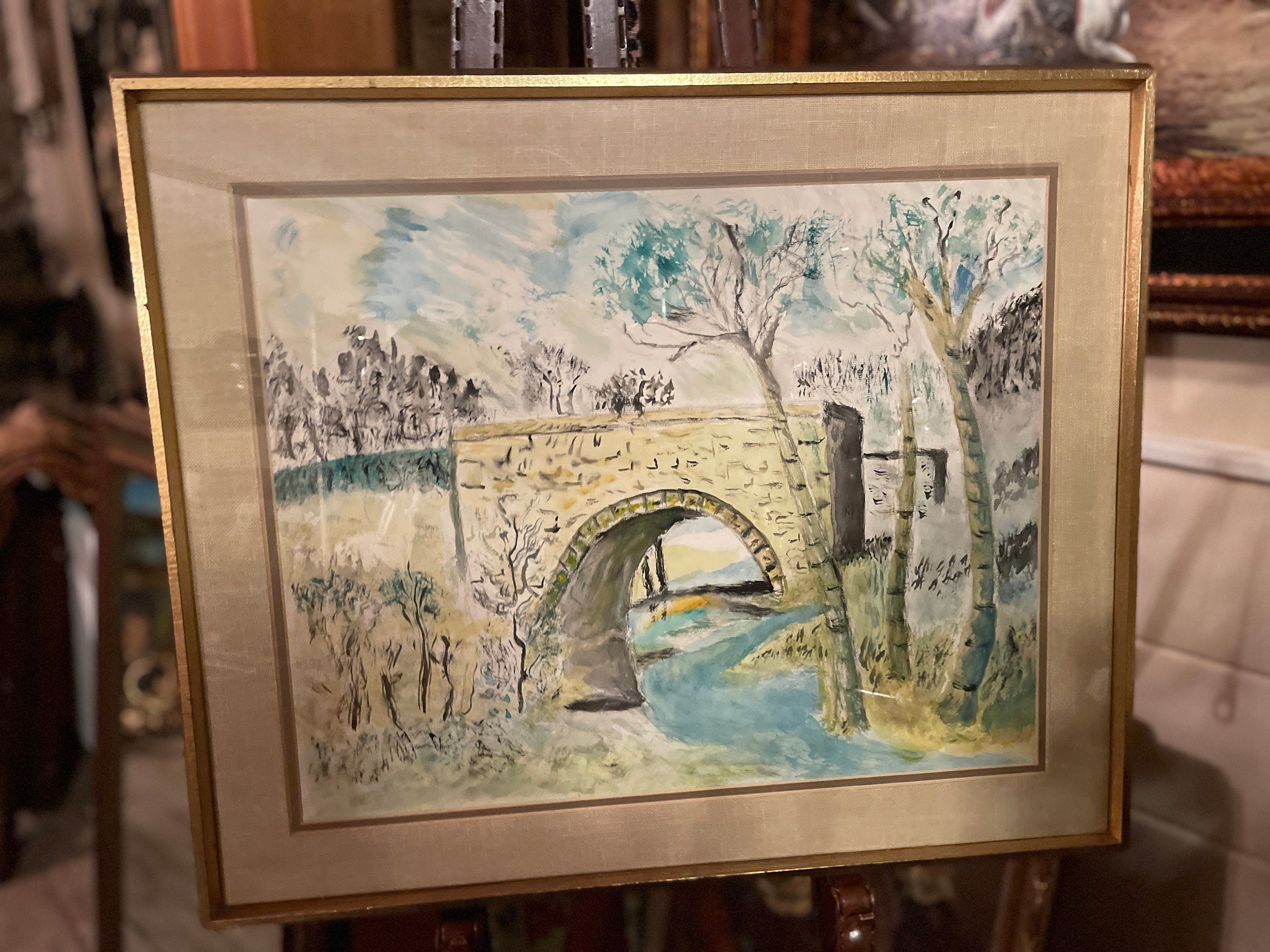 Original Watercolor Landscape Painting Stone Bridge Scene Signed Framed Vintage Wall Art Countryside Decor Gold Frame Rustic Charm Gift Idea