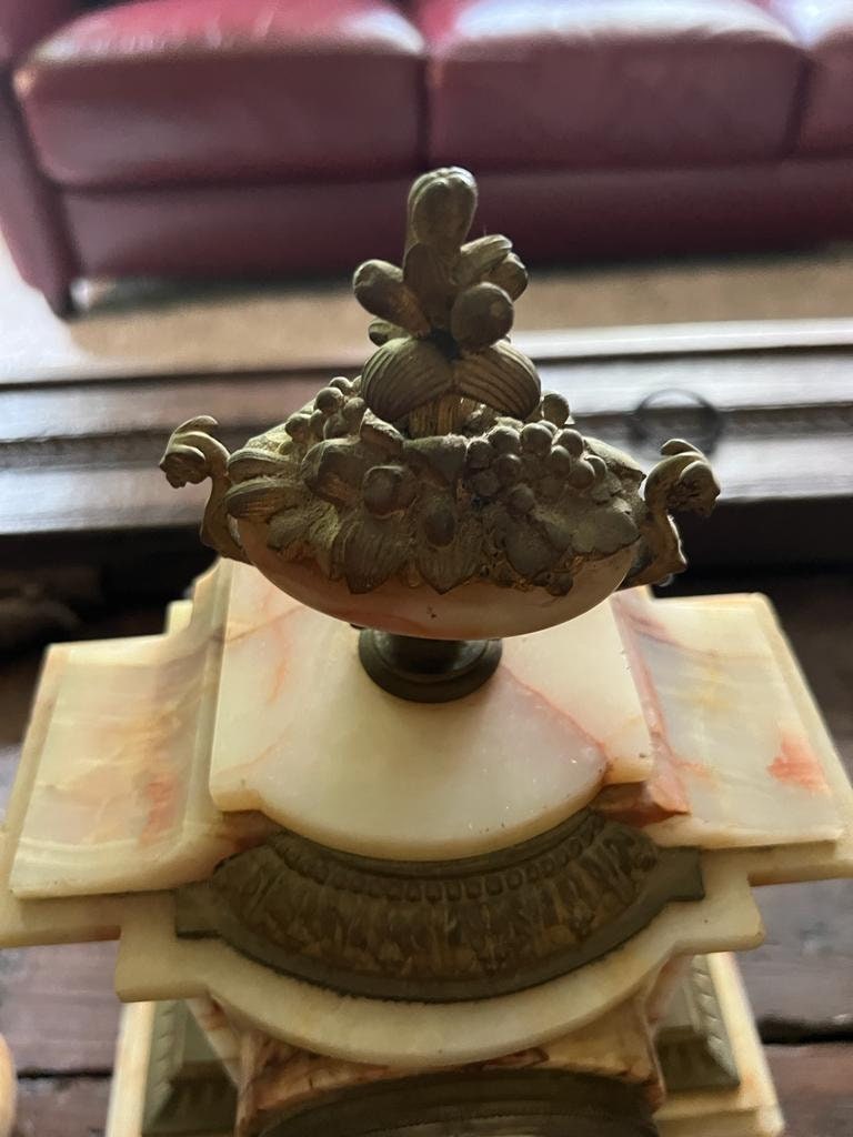 19th Century Alabaster Brass Mantel Clock Set Decorative Antique French Candelabra Pair Elegant Gilded Classical Style Home Display Decor