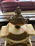 19th Century Alabaster Brass Mantel Clock Set Decorative Antique French Candelabra Pair Elegant Gilded Classical Style Home Display Decor