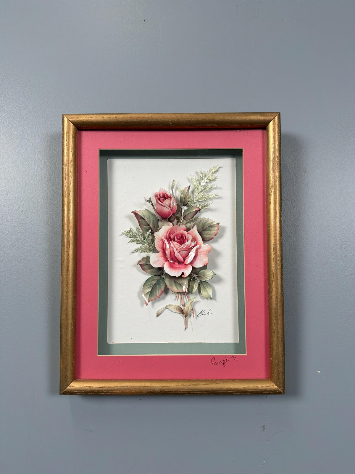 Vintage 3D Floral Decoupage Shadow Box, Dimensional Pink Roses Wall Art, Hollywood Regency Gold Frame, Cottage Romantic Decor