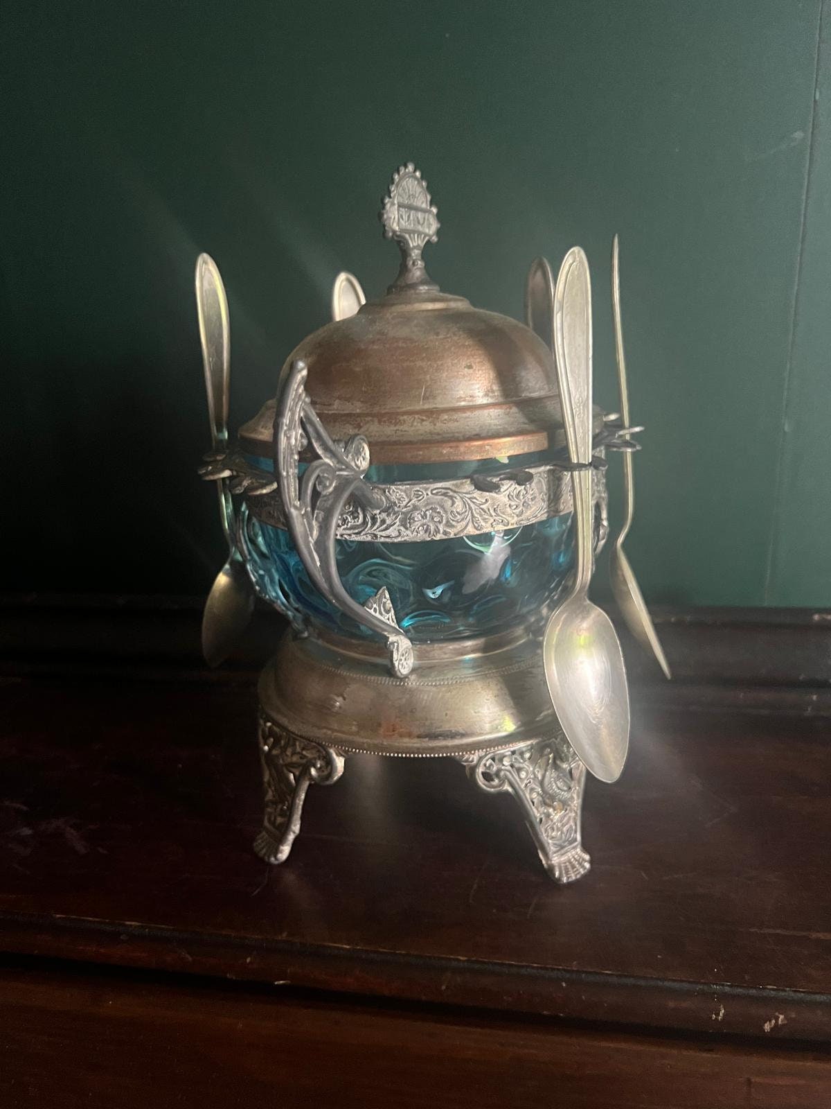 Antique Victorian Silverplate Condiment Holder Set Ornate Blue Glass Bowl Elegant Footed Frame Collectible Centerpiece Spoons Display Decor