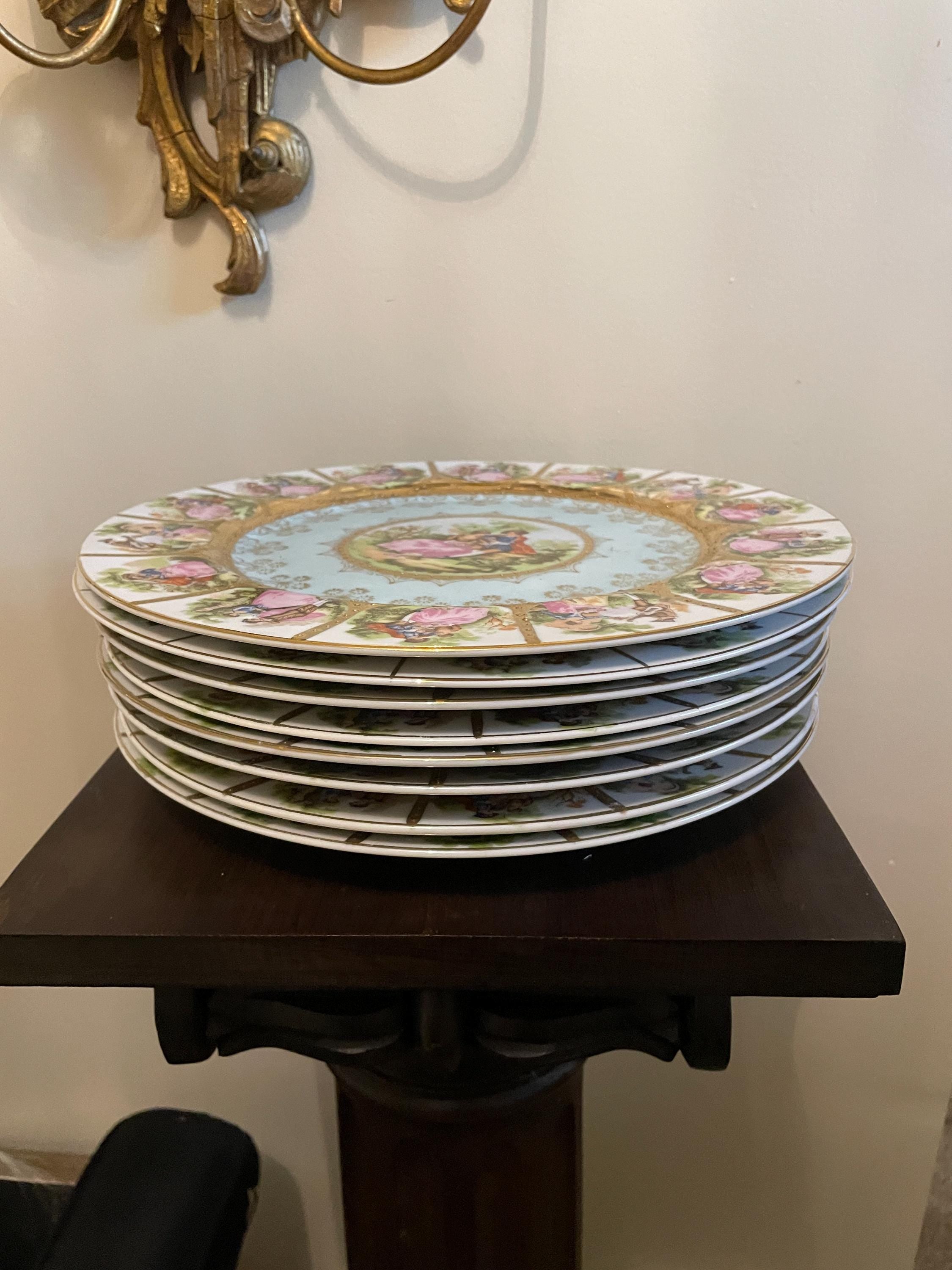 Vintage Set of 8 Love Story Porcelain Dinner Plates  Fragonard Courting Couple Gold Trim Porcelain Collectible Wall Art Elegant Home Accent