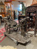 Large Bronze French Rickshaw Sculpture Antique Figurative Art Piece Decor