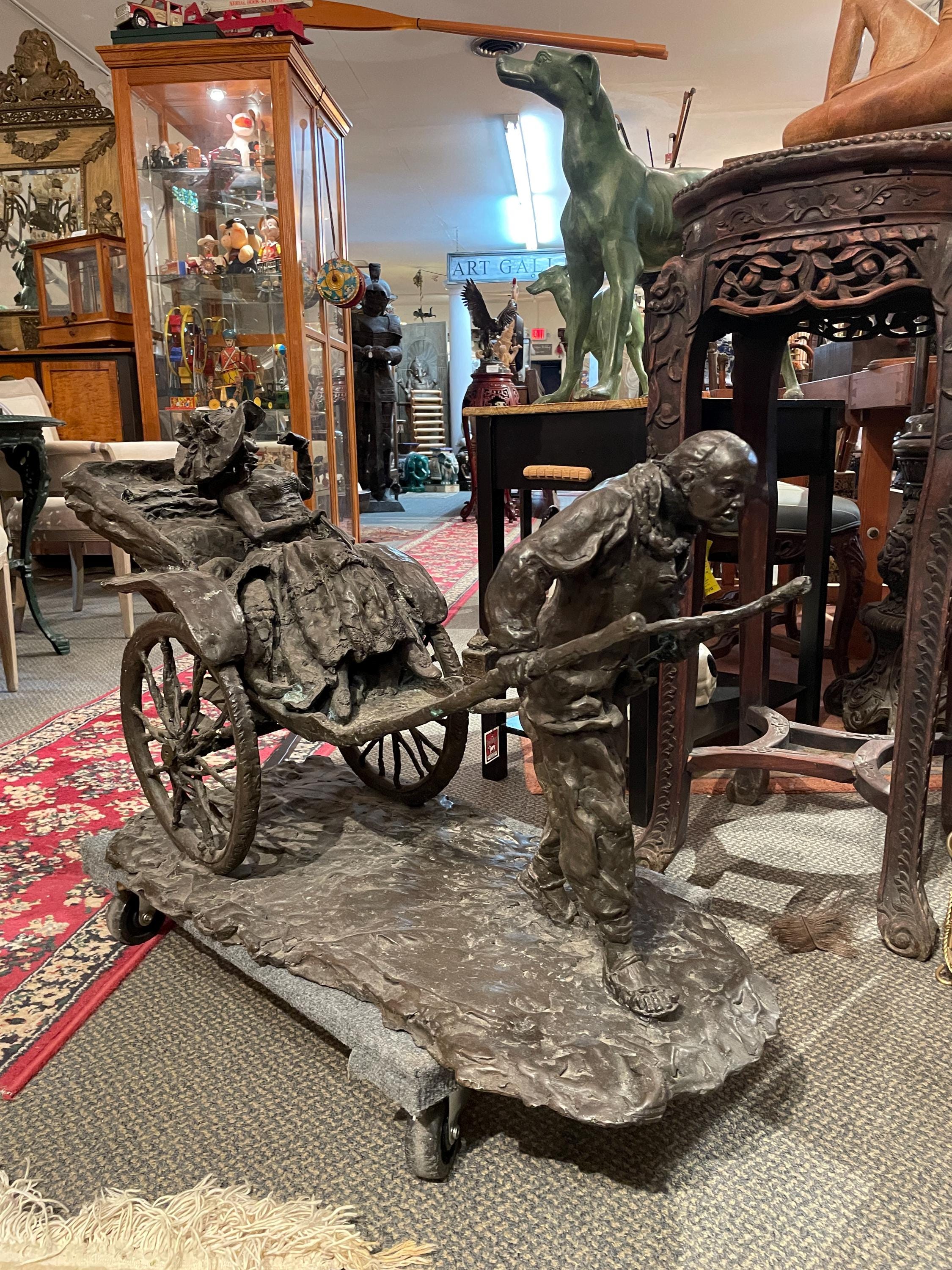 Large Bronze French Rickshaw Sculpture Antique Figurative Art Piece Decor