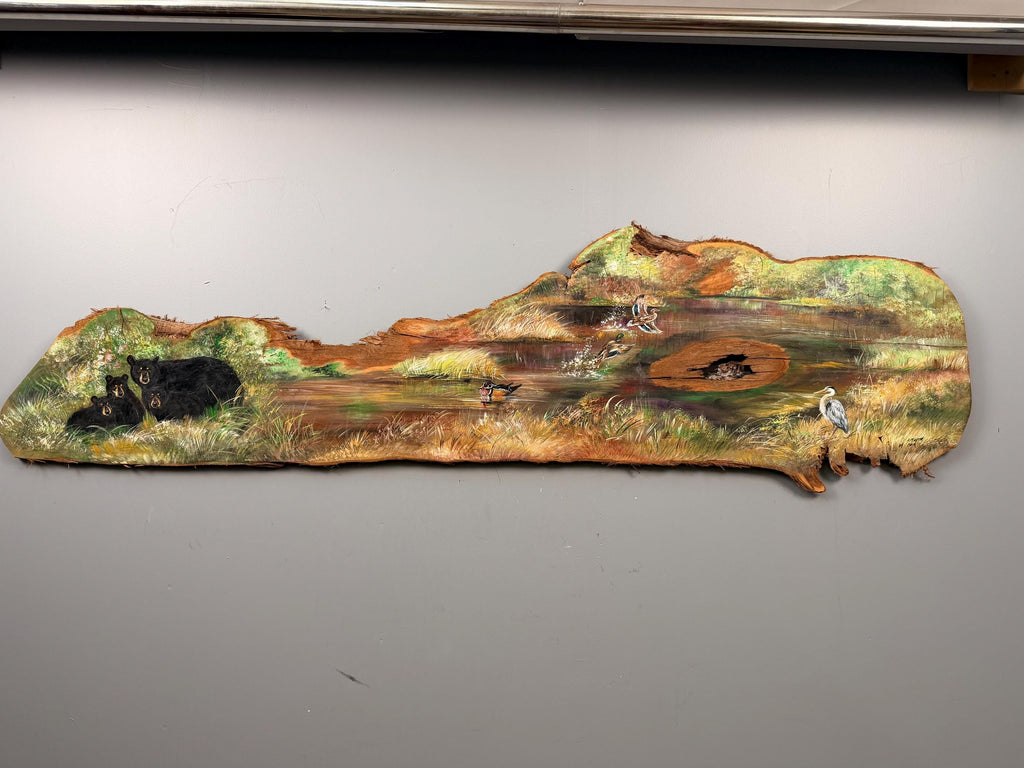 Vintage Wildlife Painting on Natural Wood Slab, Bears, Ducks, Heron, Rustic Folk Art