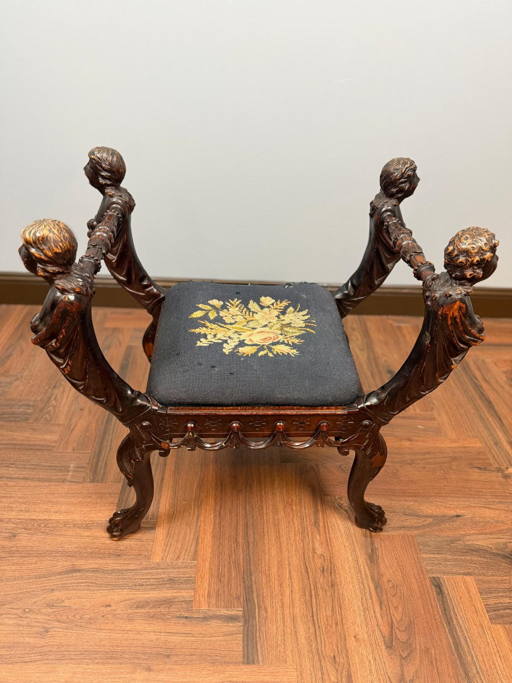 Antique Figural Carved Wood Bench Neo Classical Cherub Style Upholstered Seat Victorian Era Decorative Bench Tapestry