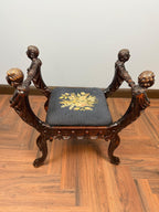 Antique Figural Carved Wood Bench Neo Classical Cherub Style Upholstered Seat Victorian Era Decorative Bench Tapestry