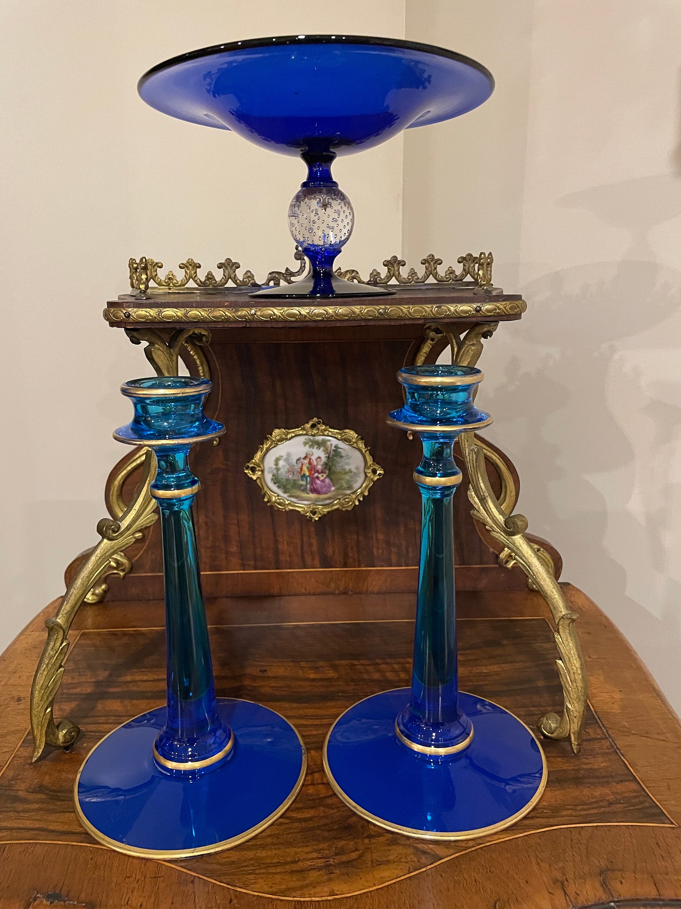 Vintage Blue Glass Candlesticks Pair Elegant Tall Design Gold Rim Mid Century Decor Classic Elegant Table Accents Collectible Candle Holders