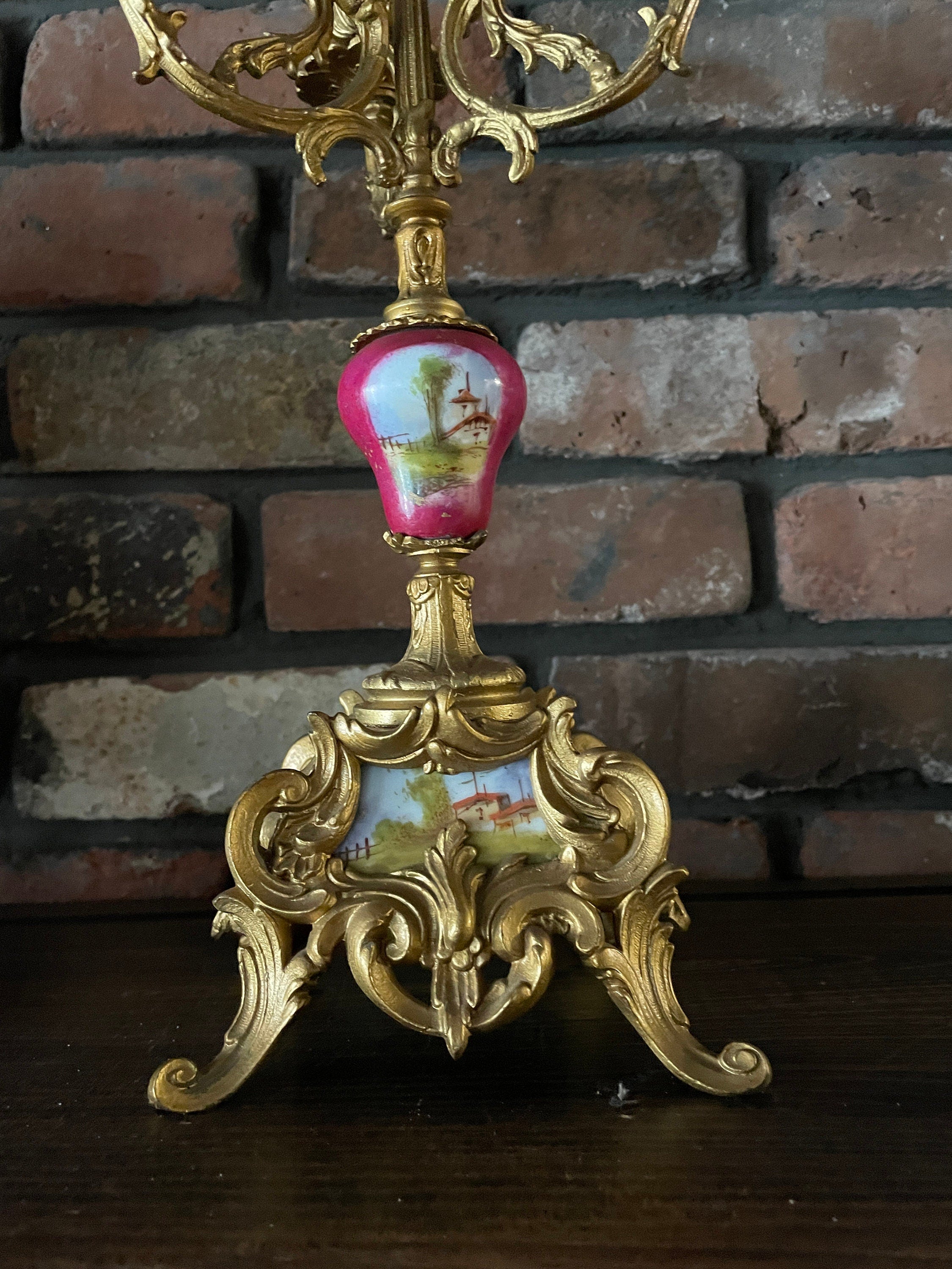 Antique Rococo Style French Clock Set Gilt Bronze Candelabras Porcelain Accents Romantic Scene Victorian Decor Collectible Mantelpiece 1900s