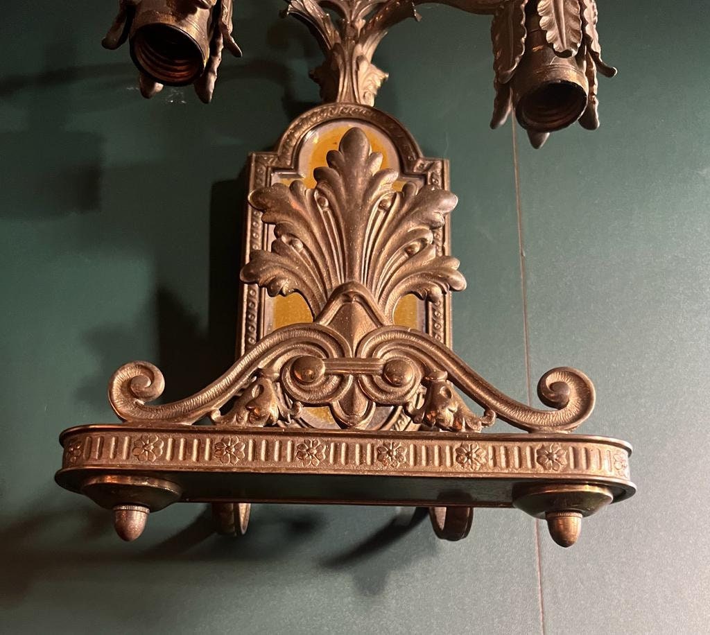 Antique Art Deco Bronze Wall Sconce Pair Leaf Motif Beveled Mirror Electric Light Fixture Ornate Gothic Revival Style Architectural Salvage