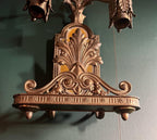Antique Art Deco Bronze Wall Sconce Pair Leaf Motif Beveled Mirror Electric Light Fixture Ornate Gothic Revival Style Architectural Salvage