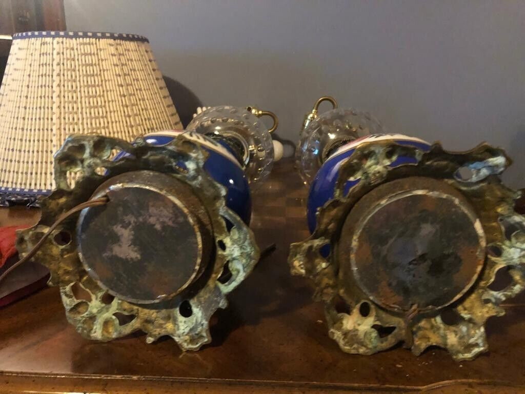 Pair Of Antique French Cobalt Blue Porcelain Table Lamps Hand Painted Floral Panels Ornate Brass Base Converted Electric Lighting Decor