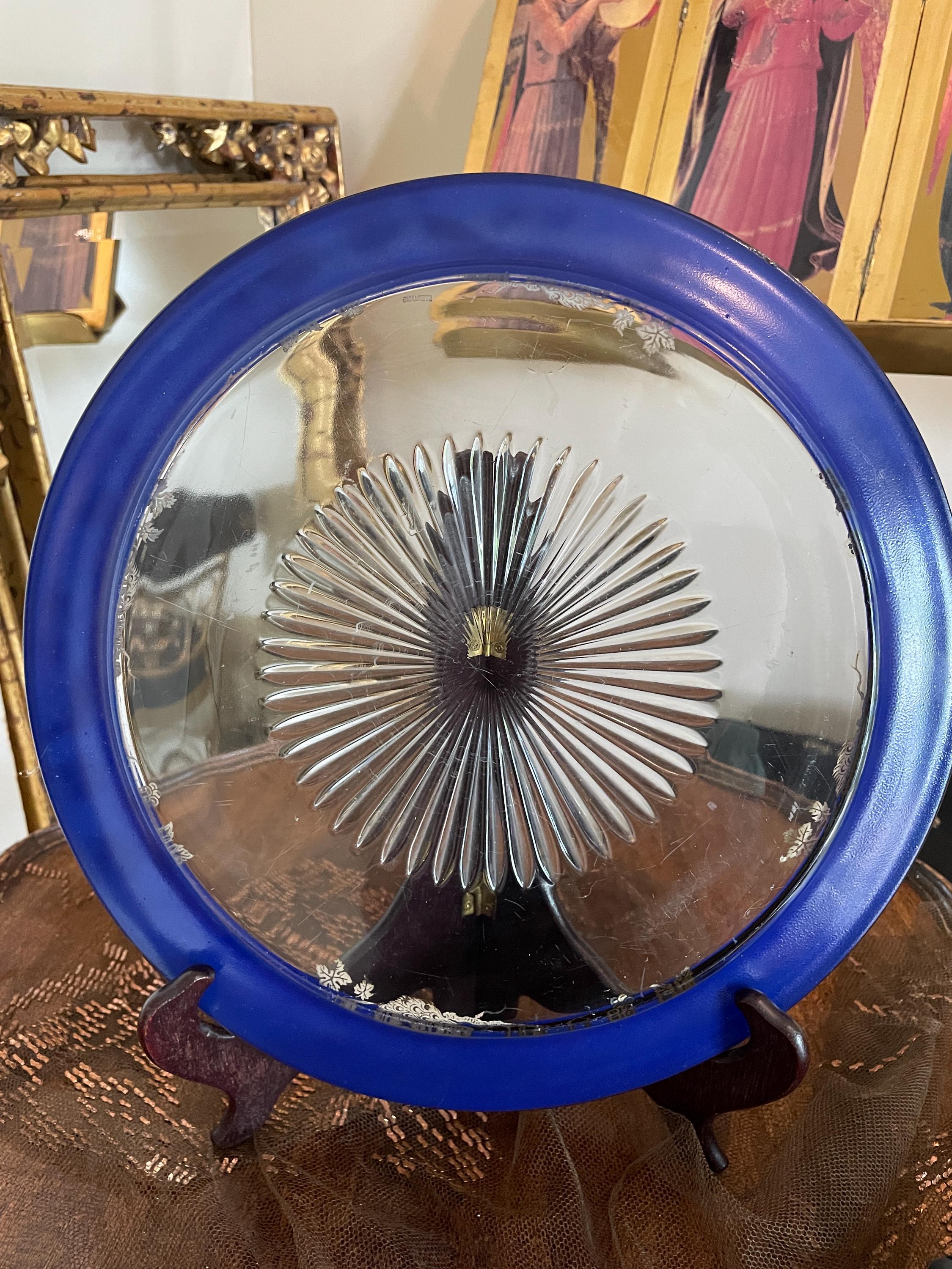 Vintage Sterling Blue Glass Plate Peacock Design Intricate Etching Detailed Glasswork Beautiful Antique Collector's Item Display Home Design