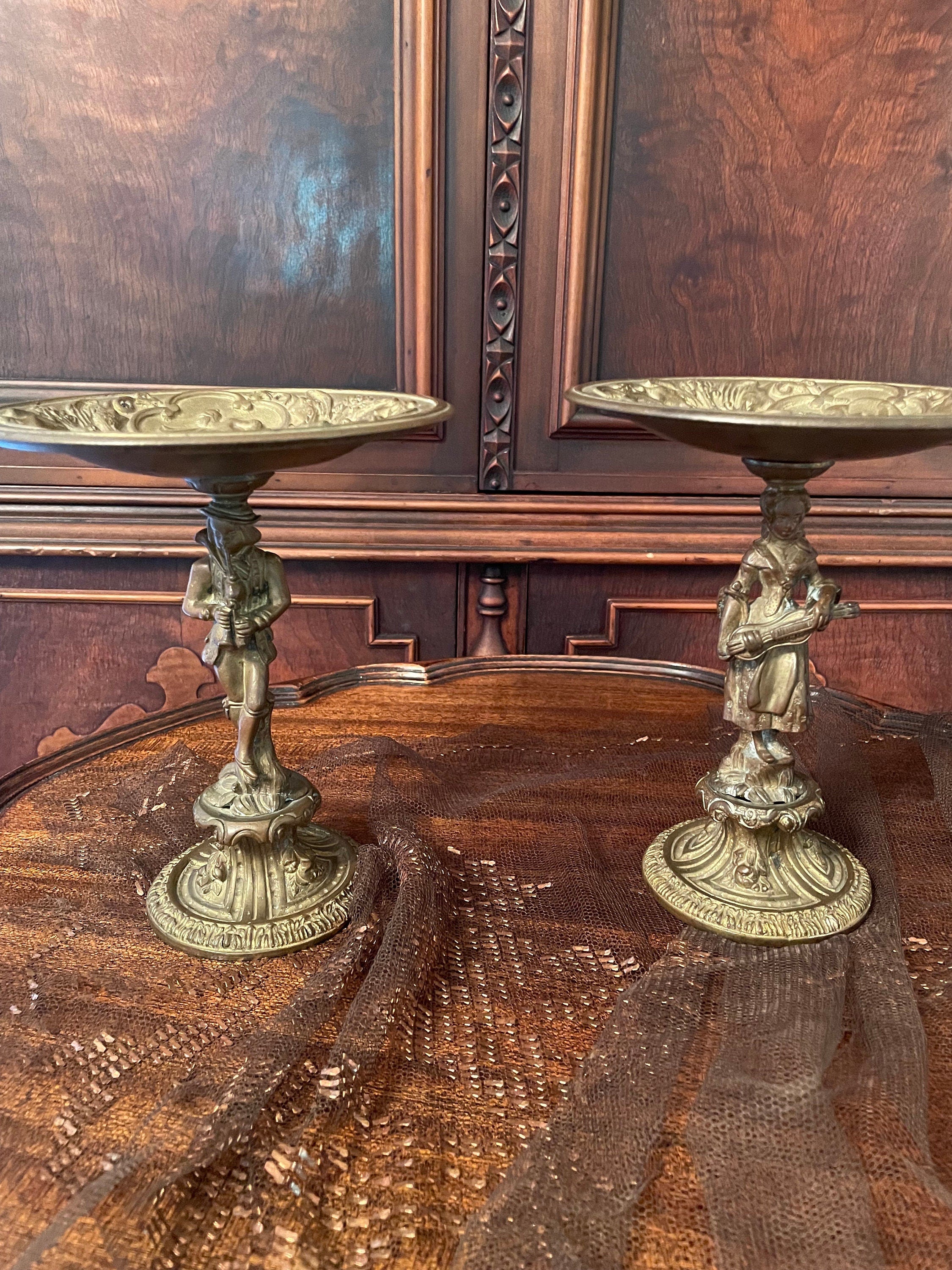 Antique Brass Compote Dish Pair Elegant Detailed Stands Featuring Classical Musician Figures Vintage French Style Home Decoration Accent