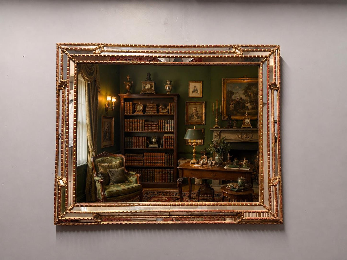 Vintage Venetian Giltwood Mirrored Wall Mirror, Gold Leaf Red Patina, Decorative Beveled Mirror Frame